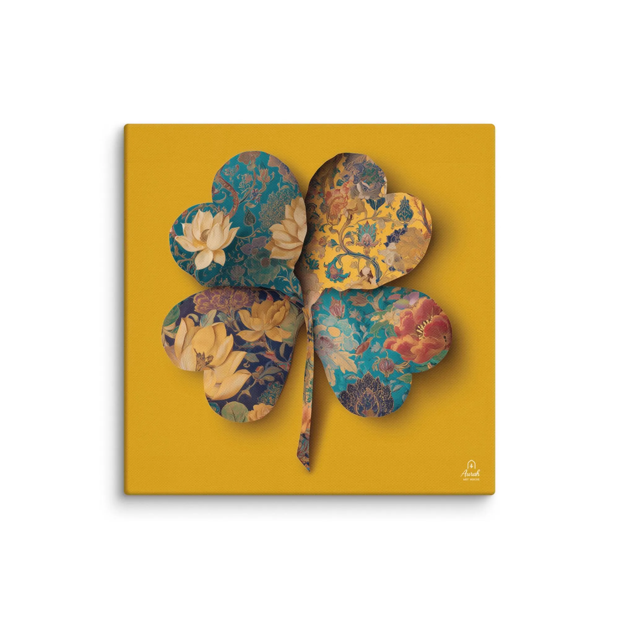 Mughal Floral Clover Wall Art, Saffron Indian Botanical Print, Teal Lotus Framed Decor - image 5