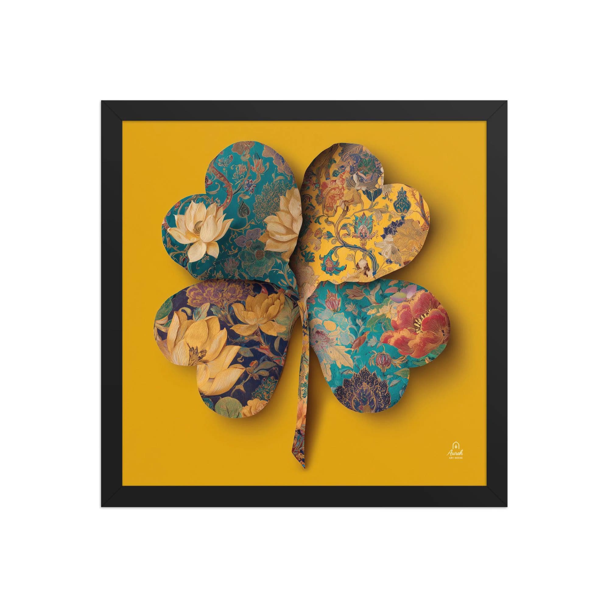 Mughal Floral Clover Wall Art, Saffron Indian Botanical Print, Teal Lotus Framed Decor
