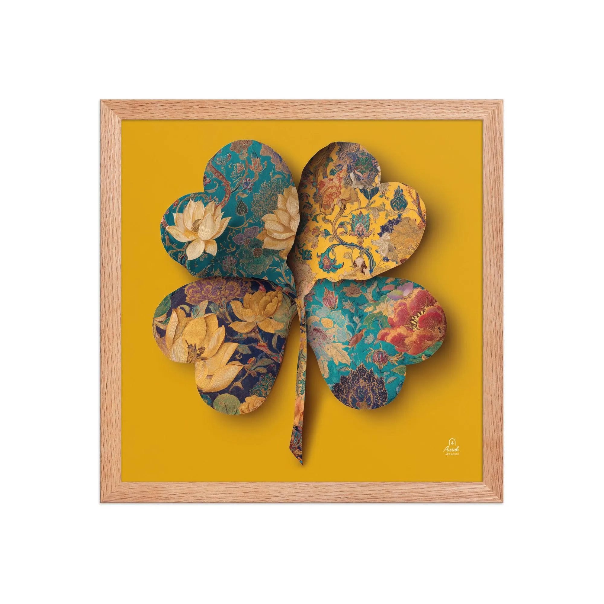 Mughal Floral Clover Wall Art, Saffron Indian Botanical Print, Teal Lotus Framed Decor - image 2