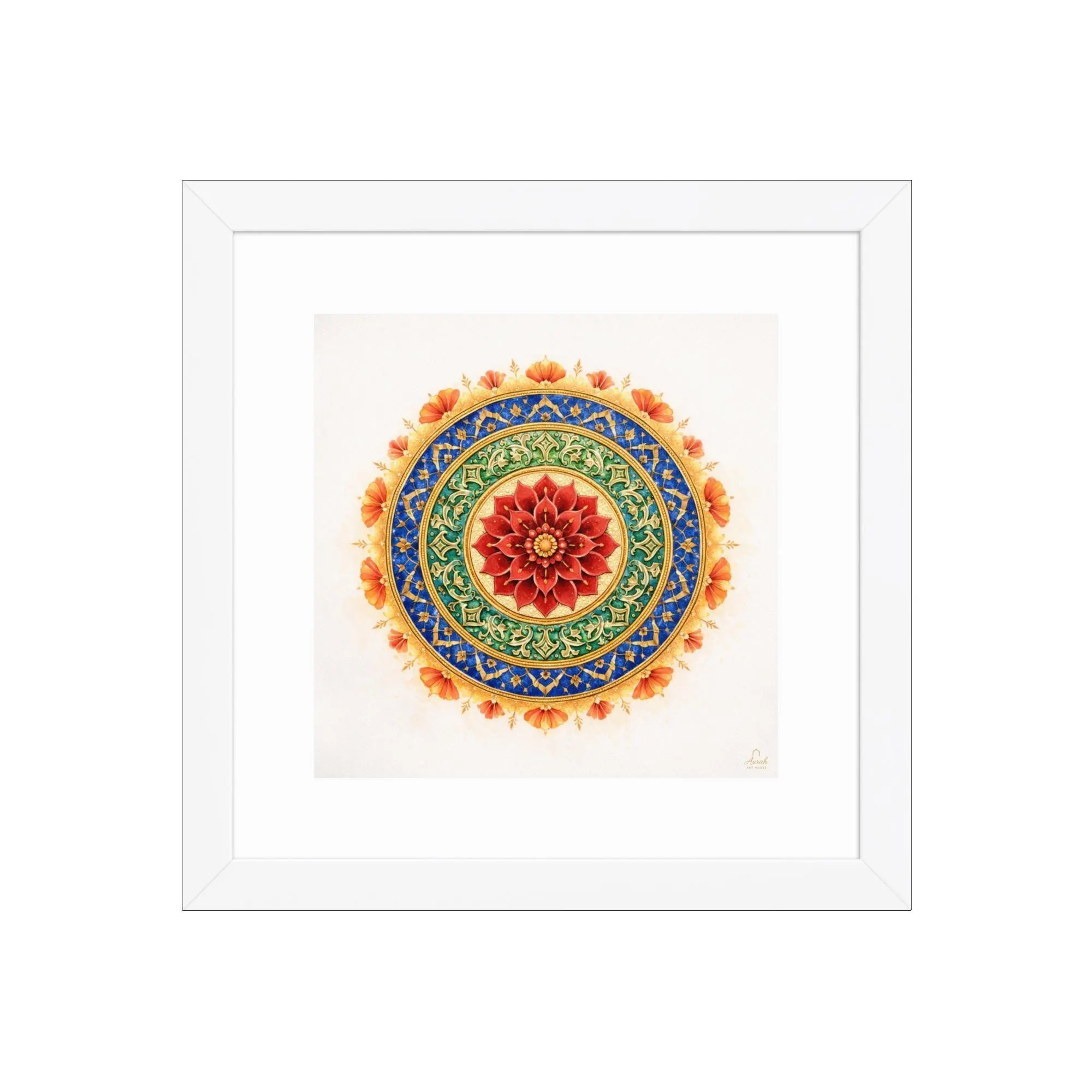 Sacred Lotus Mandala Wall Art Print, Mughal Floral Geometric Decor, Indian Cultural Canvas