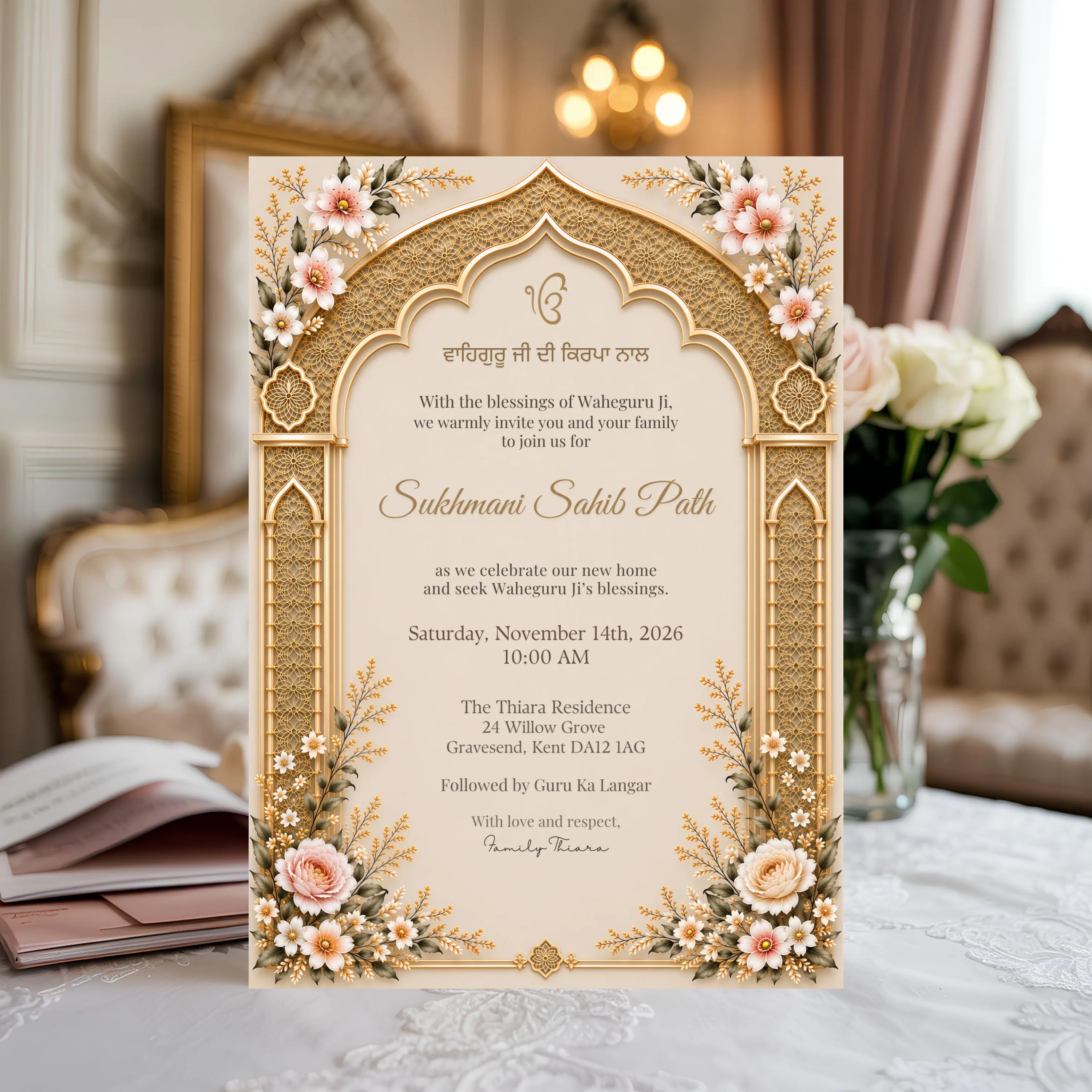 Elegant Sikh housewarming invitation for a Sukhmani Sahib Path, featuring an ivory and gold arch with soft blush floral details.