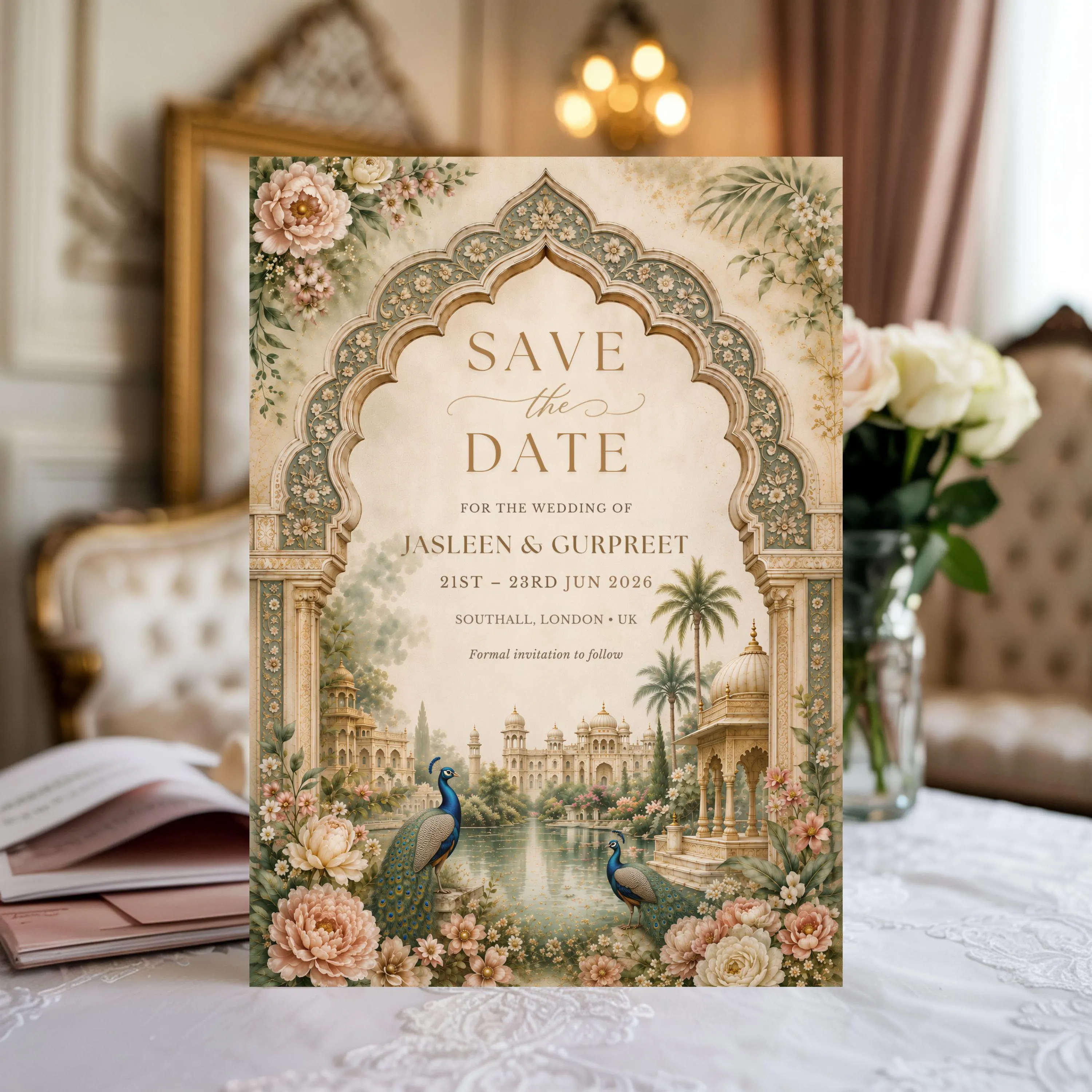 Luxury save the date invitation template with Mughal arch artwork, floral wedding styling, and sophisticated South Asian editorial aesthetic.
