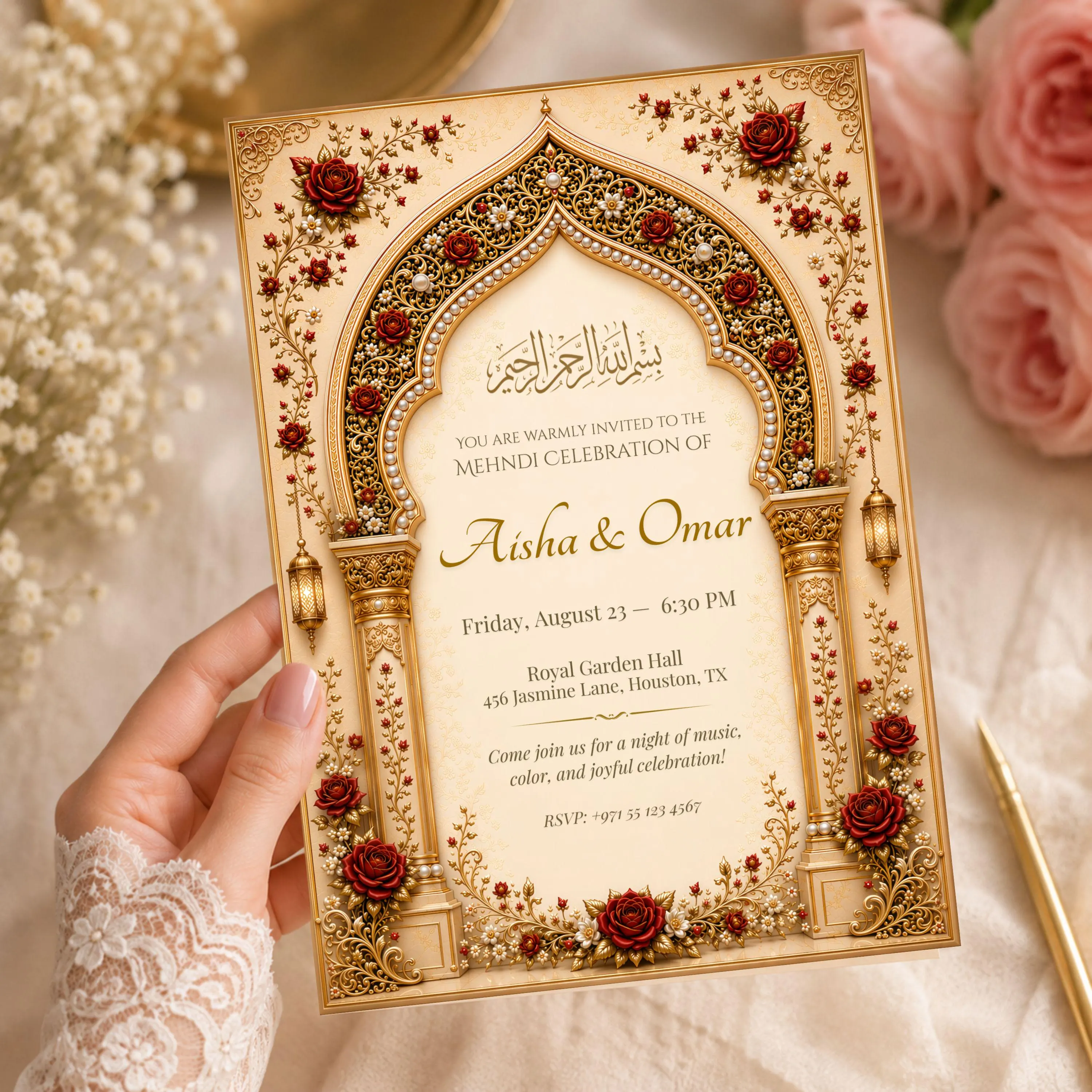 Hand holding a luxury Mehndi invitation template with gold arch, Arabic calligraphy, and floral wedding details.