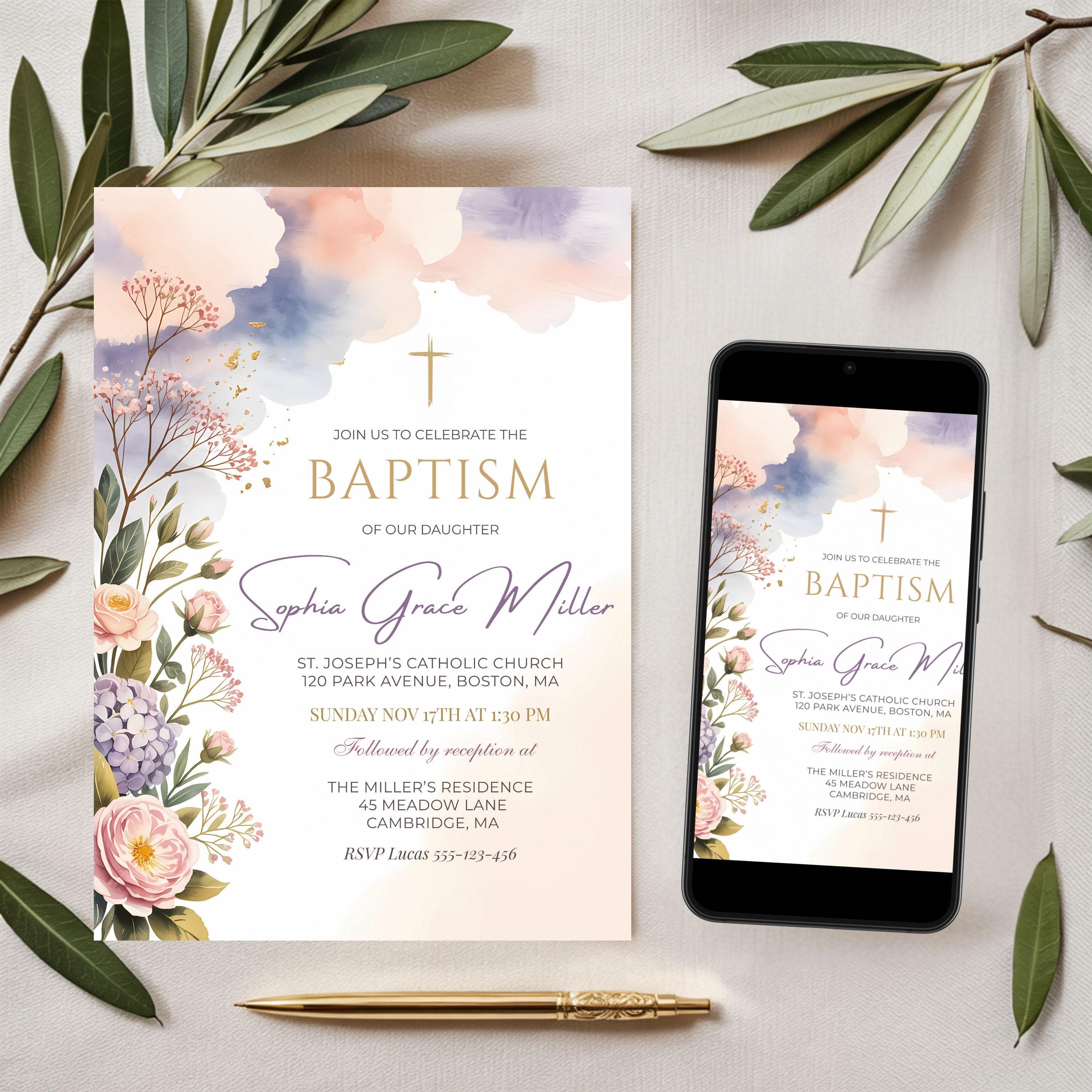 Baptism invitation card mockup with smartphone preview, watercolor floral design and gold accents on neutral background