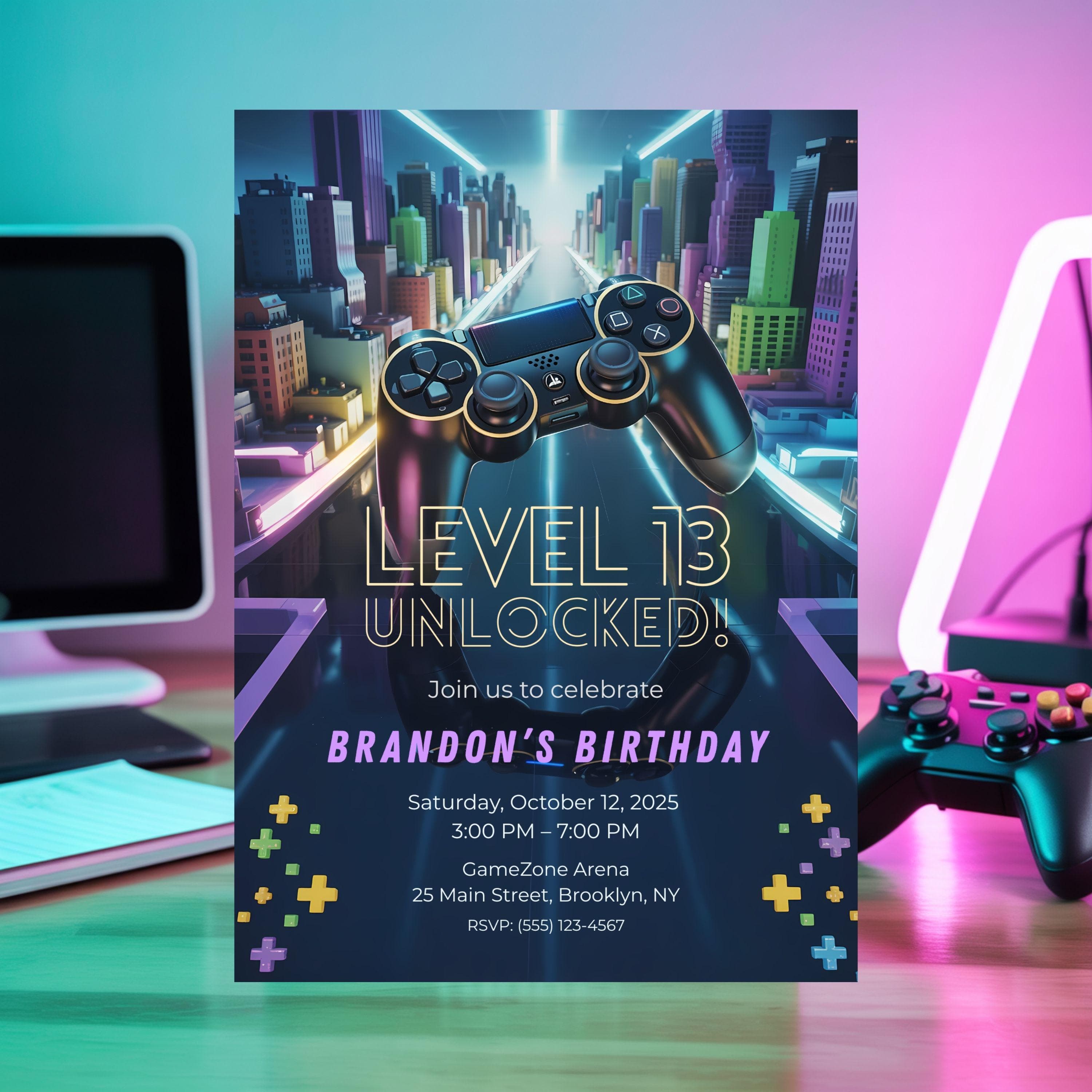 Modern gamer birthday invitation “Level Unlocked” on a desk with teal and pink gradient lighting.