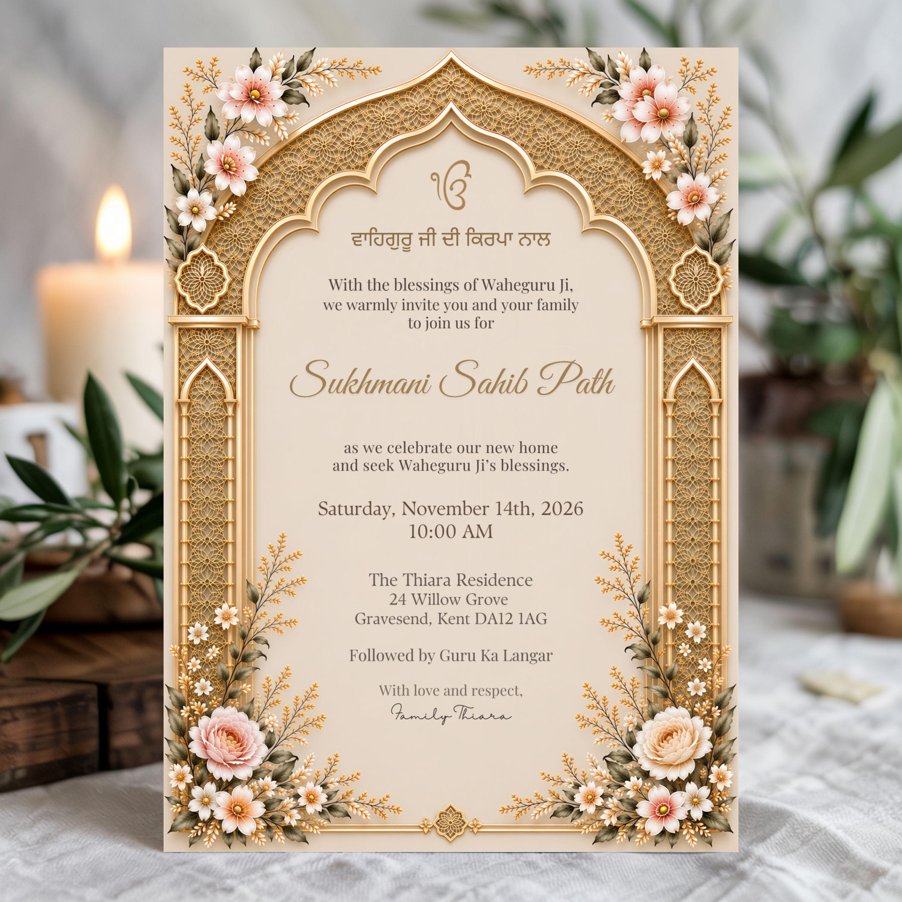Sikh housewarming invitation for Sukhmani Sahib Path displayed in a warm home setting with ivory, gold and blush floral artwork.