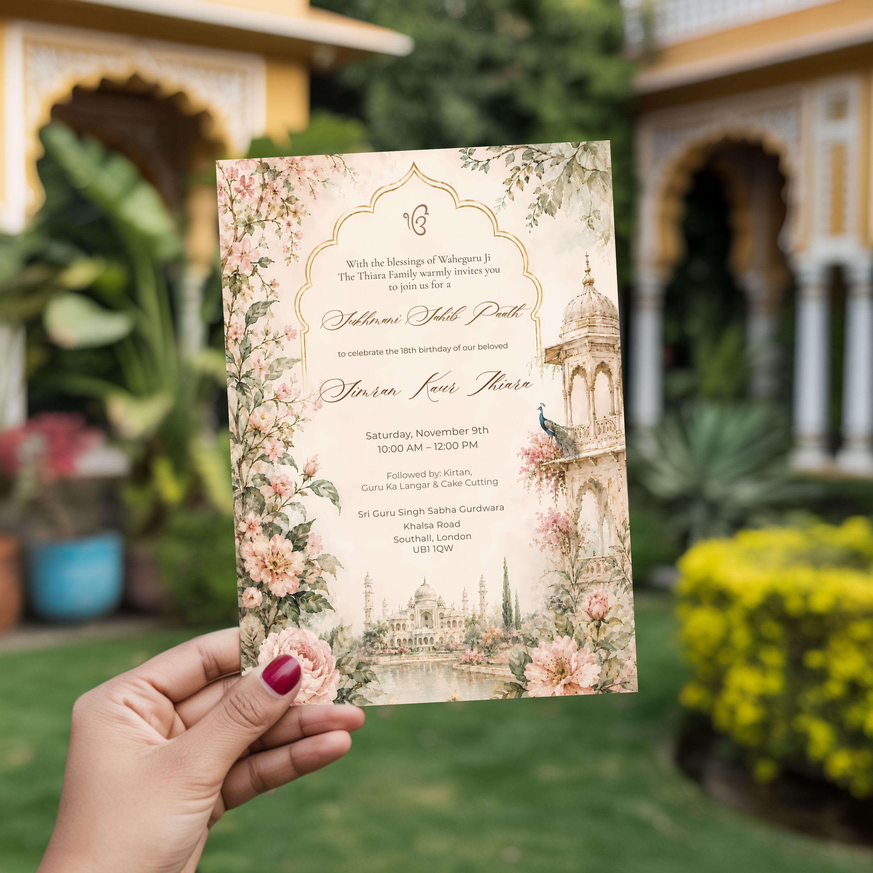 Editable Sikh religious invitation template displayed outdoors in a garden setting with floral artwork, palace illustration and elegant gold arch design.