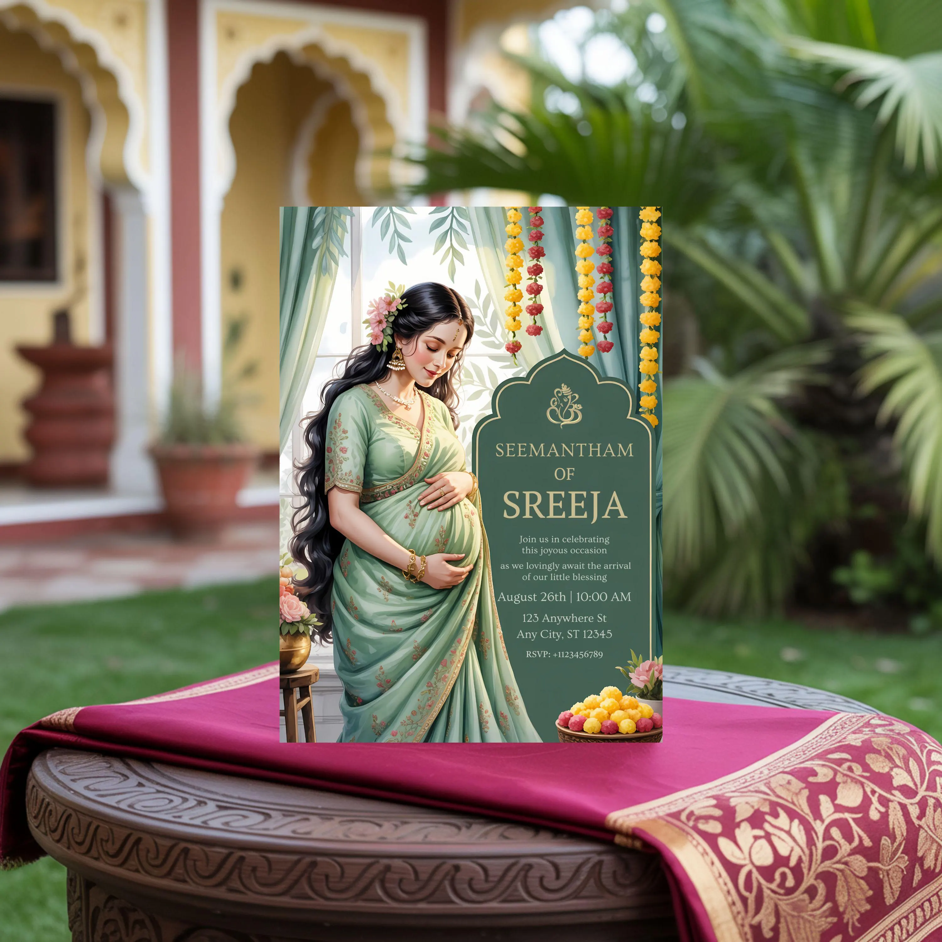 Seemantham invitation template displayed on a decorative round table with traditional Indian fabric and courtyard background