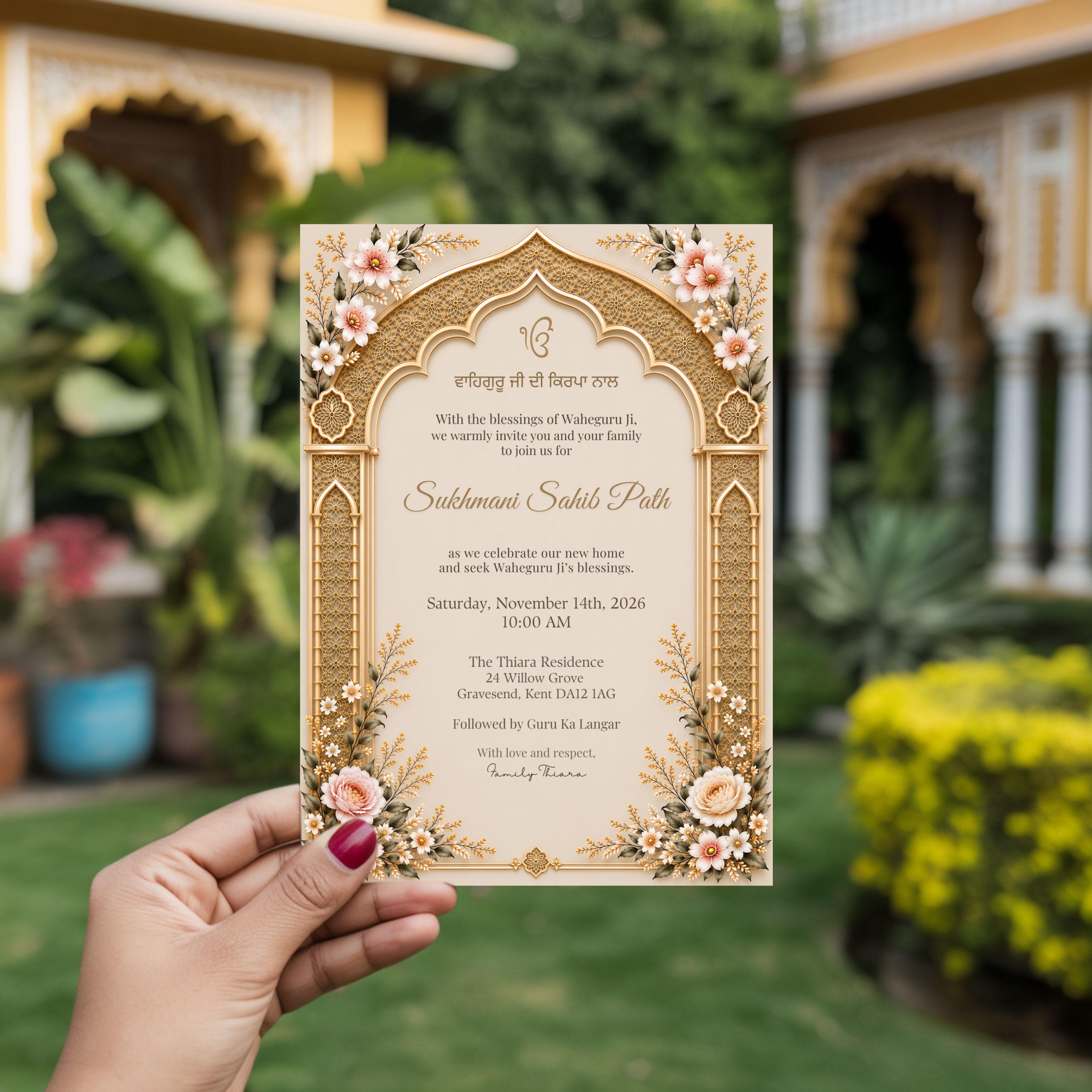 Printed Sukhmani Sahib Path housewarming invitation held in front of a home, with gold Sikh-inspired arch and floral details.