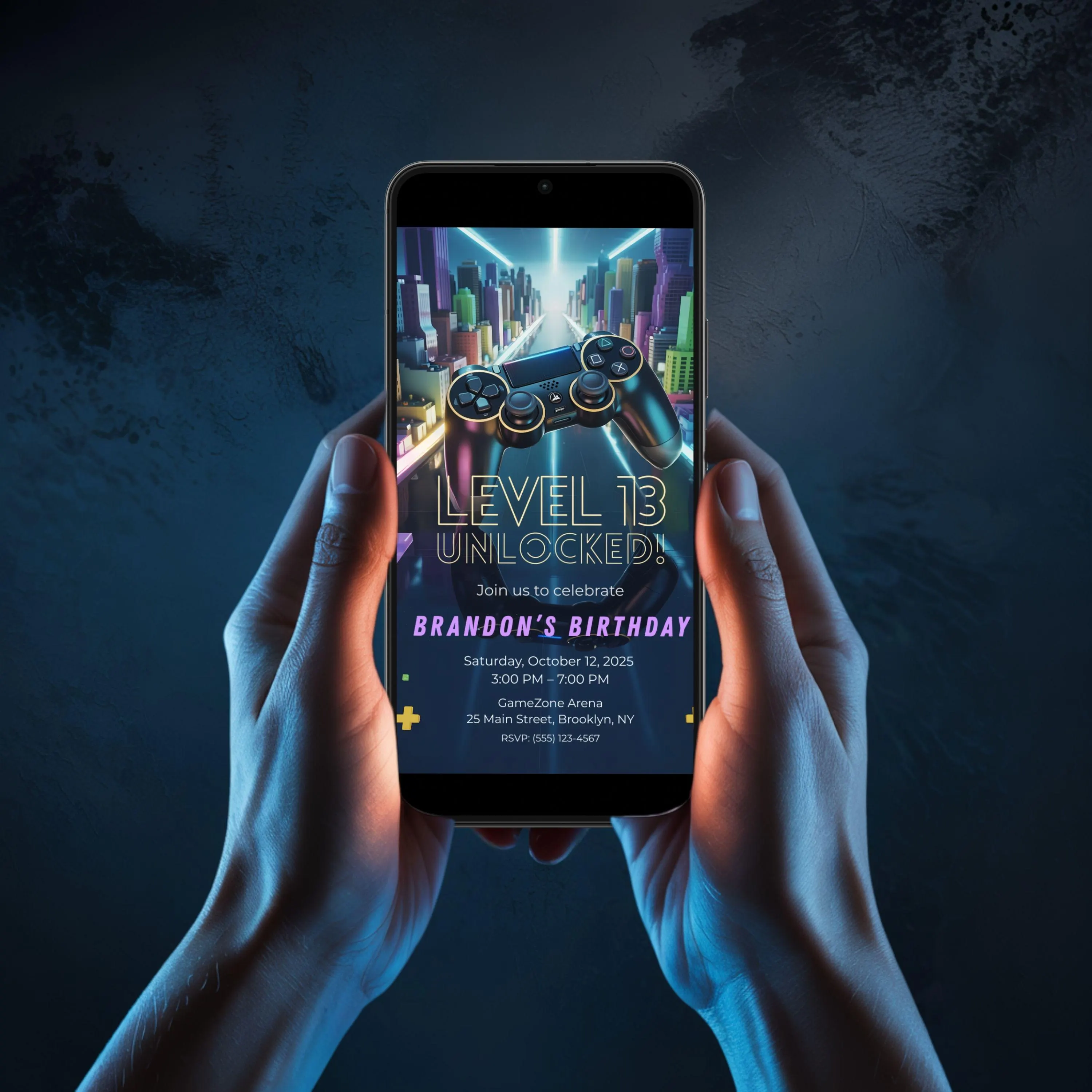 Mobile view of a gamer birthday invitation “Level Unlocked” displayed on a smartphone screen.