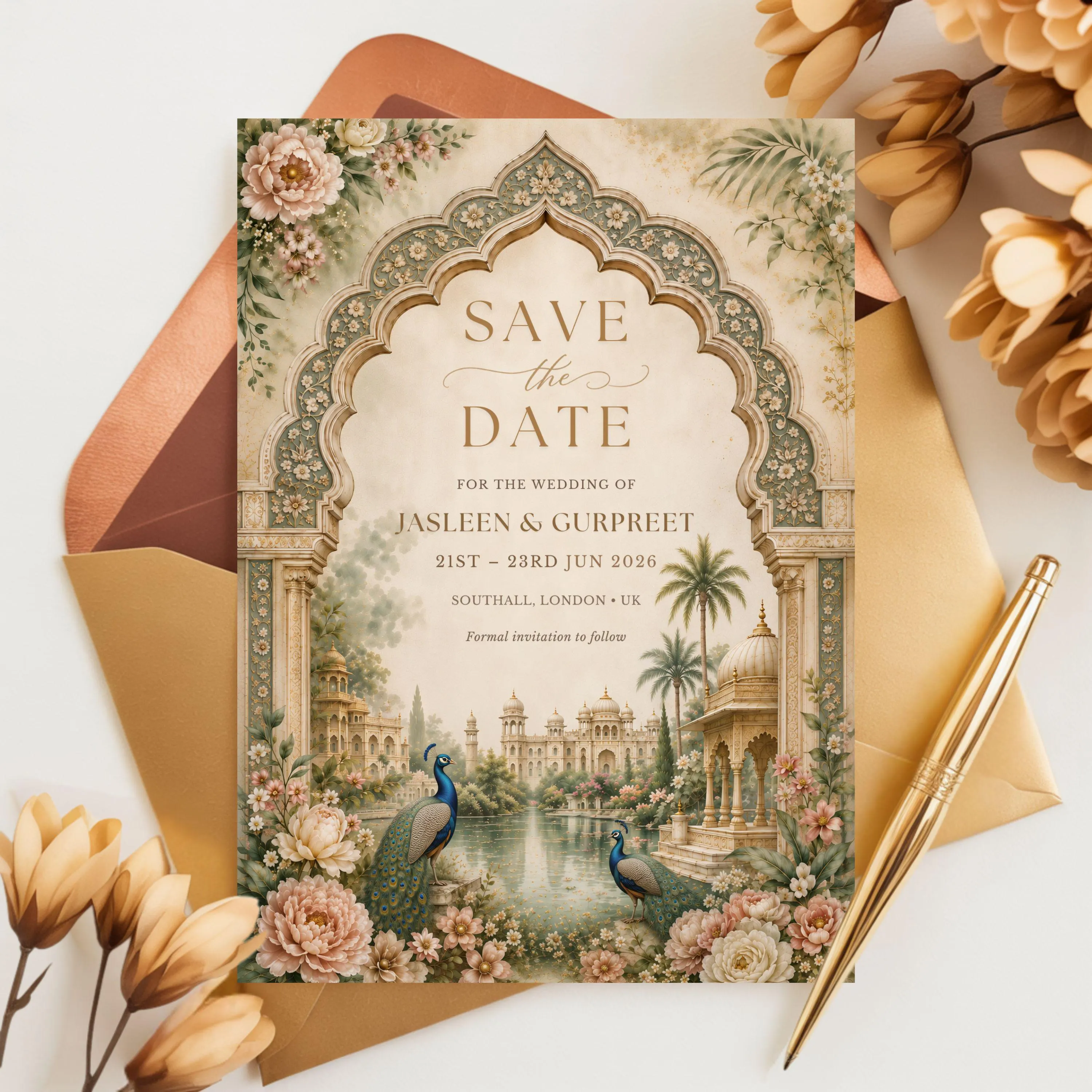 Editable South Asian save the date invitation template with luxury Mughal arch, floral watercolor details, and coordinated wedding stationery styling.
