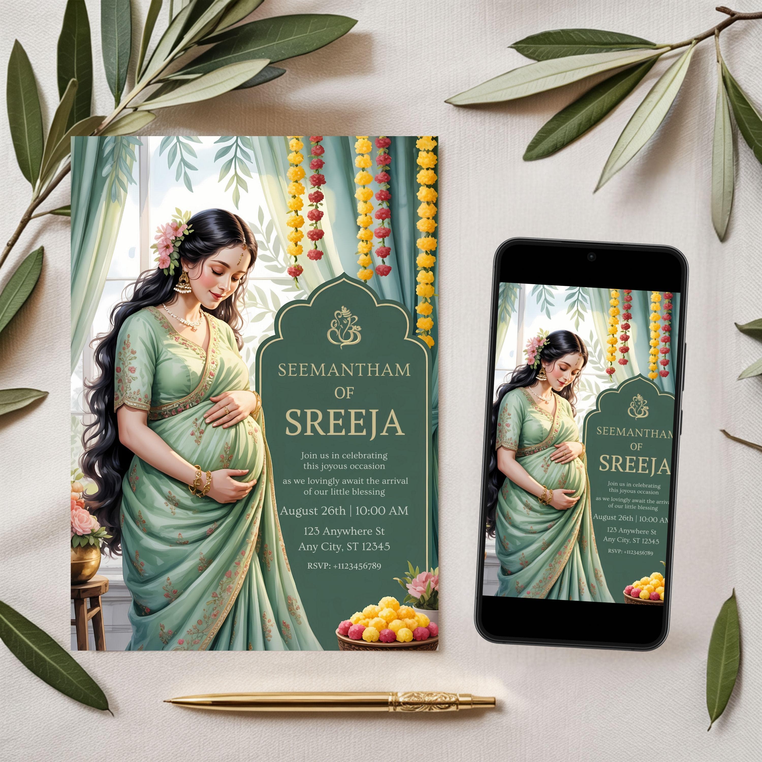 Editable Seemantham invitation template shown as printed card and mobile phone preview for digital sharing