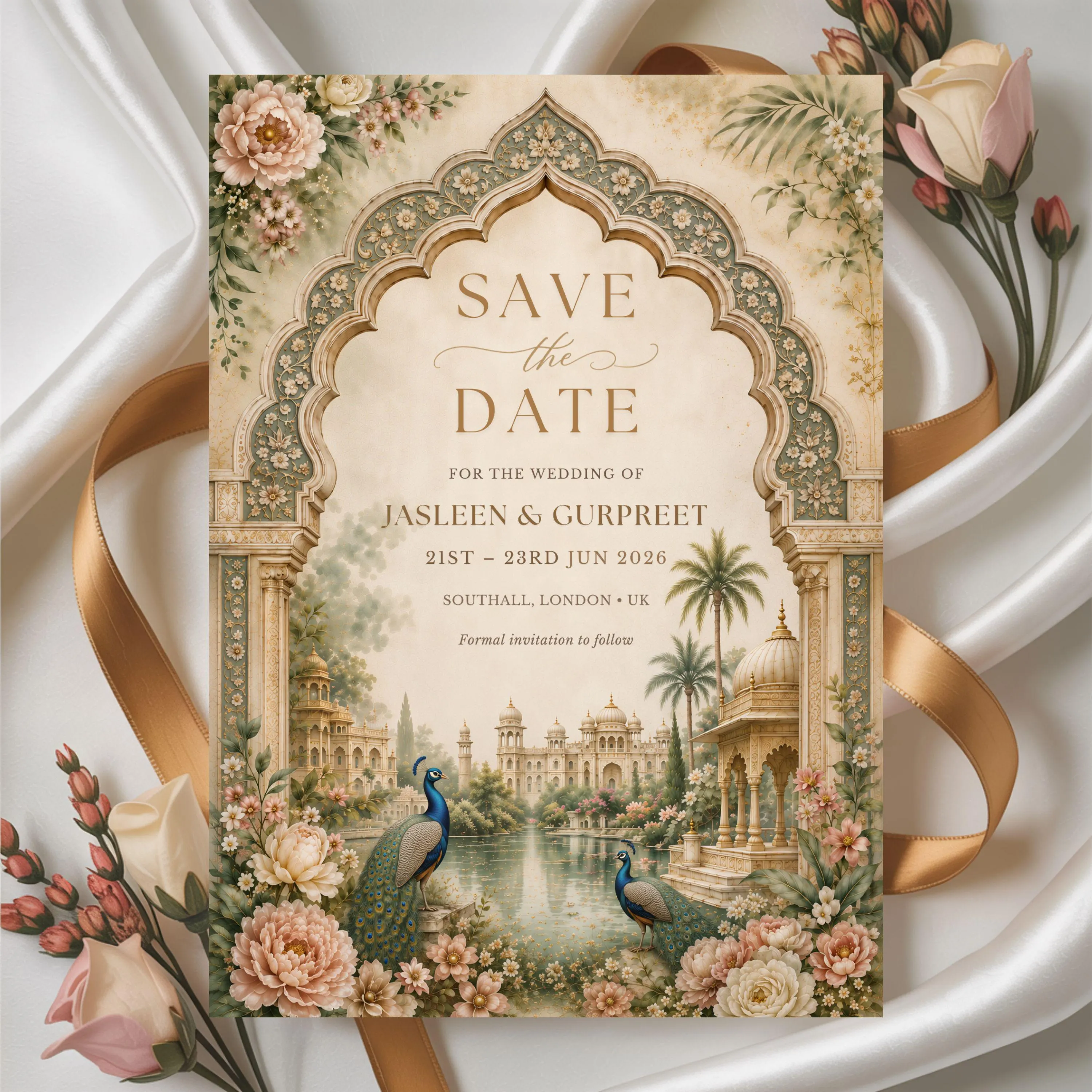 Luxury Sikh save the date invitation template with Mughal arch, peacock illustrations, and elegant South Asian wedding styling displayed on satin fabric.