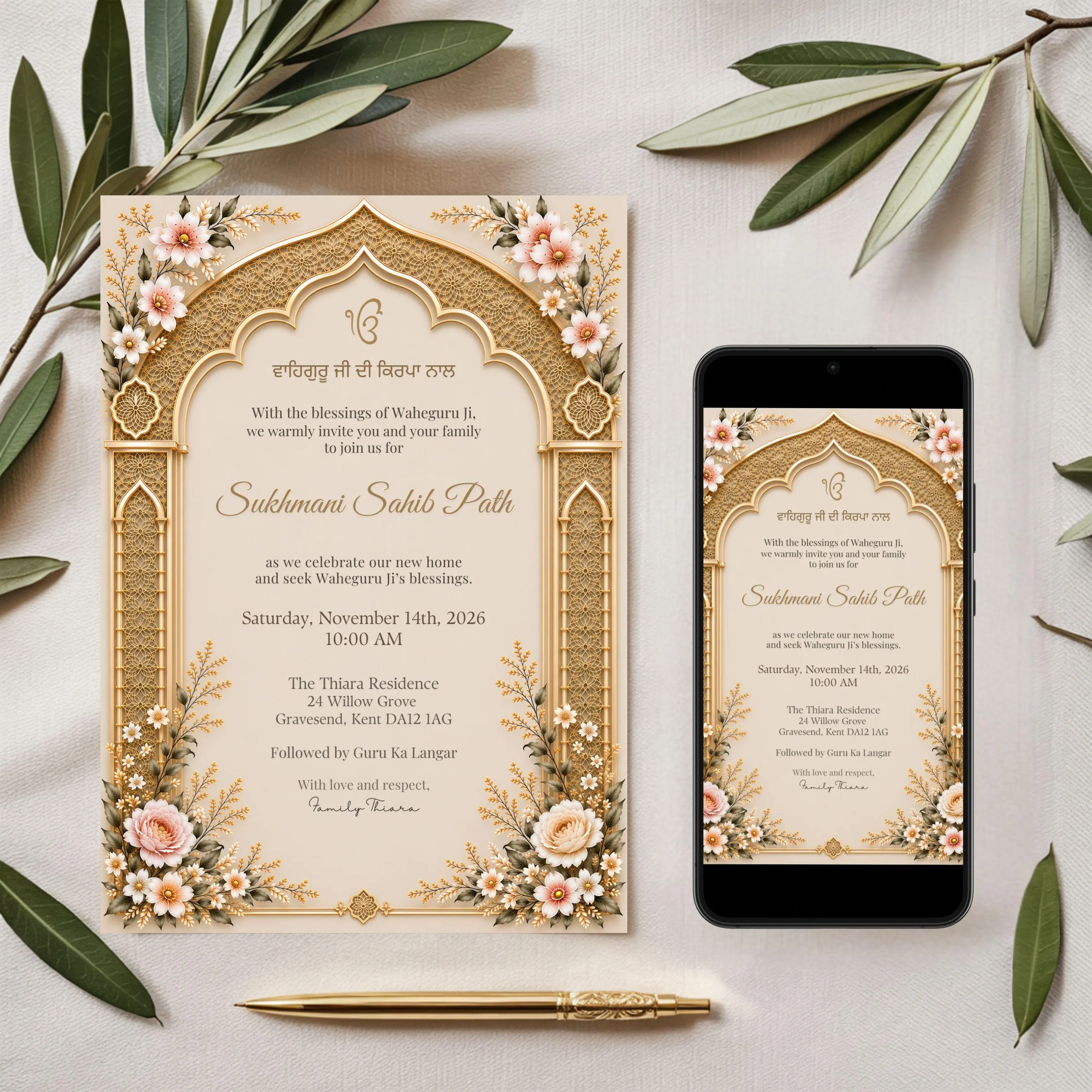 Sukhmani Sahib Path housewarming invitation shown as a printed card and mobile design, with editable event details and floral gold styling.