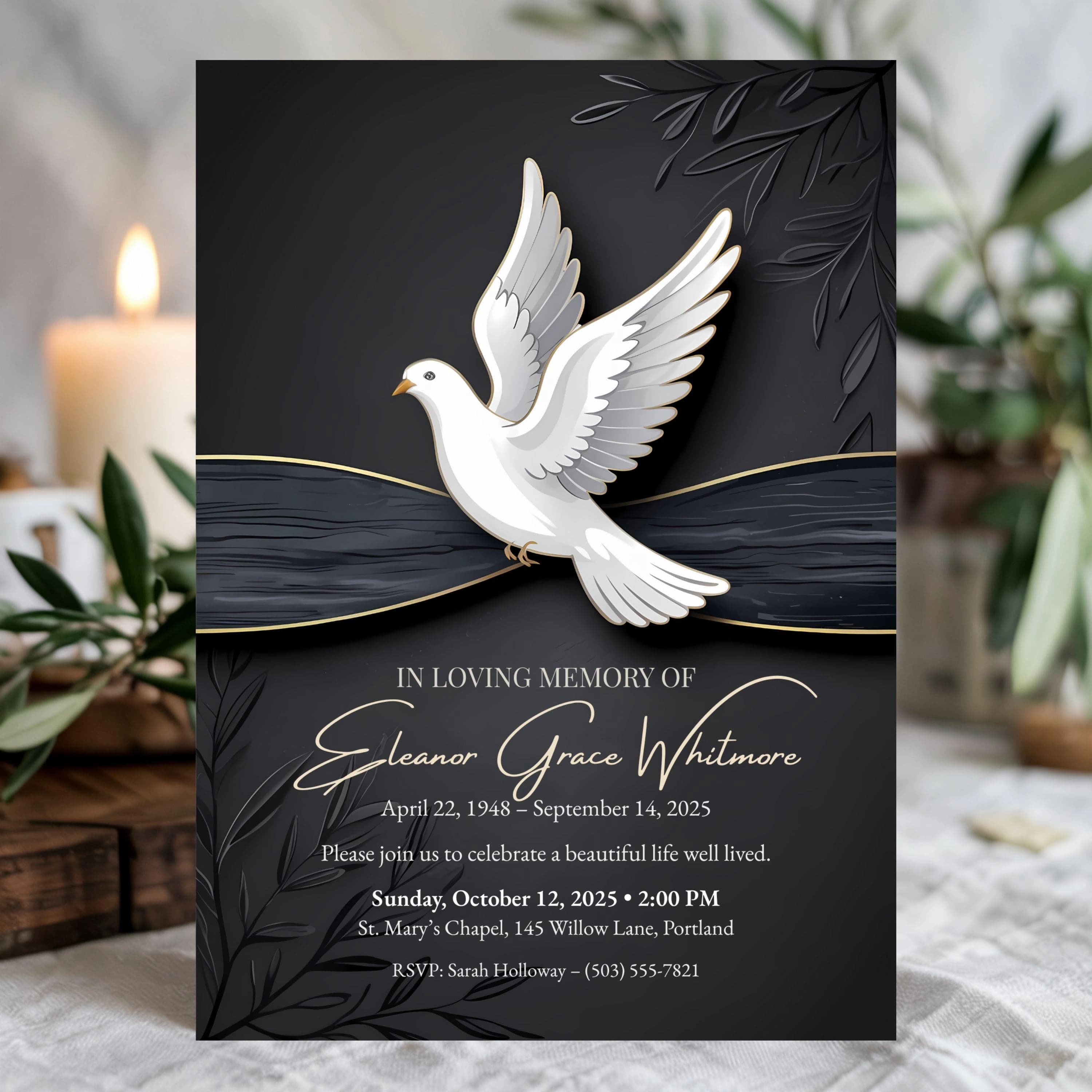 Black and gold memorial invitation featuring a white dove, placed near a candle and olive leaves for remembrance setting.