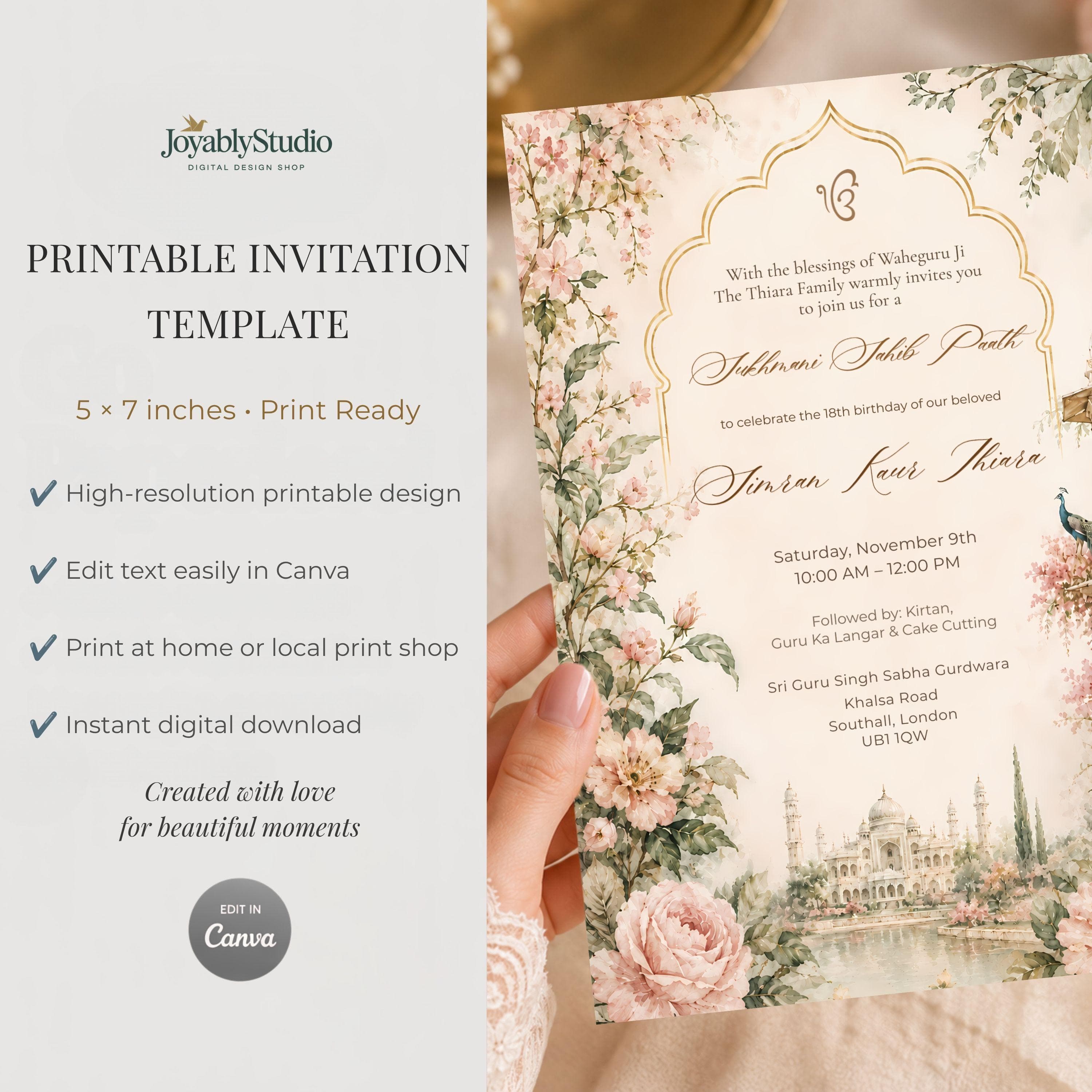 Editable Sikh invitation template for Canva featuring floral watercolor artwork, Mughal-inspired architecture, peacock illustration and printable 5x7 design.