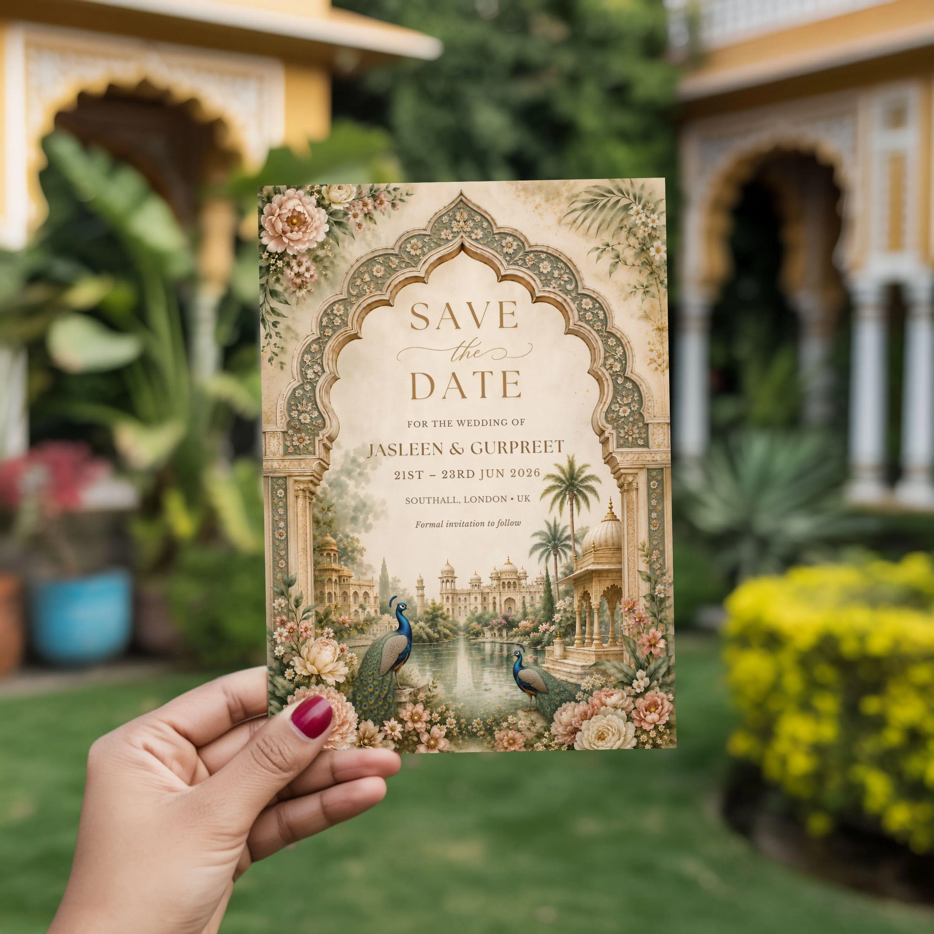 Handheld Punjabi save the date invitation featuring ornate floral arch, peacock illustrations, and elegant Indian wedding aesthetic.