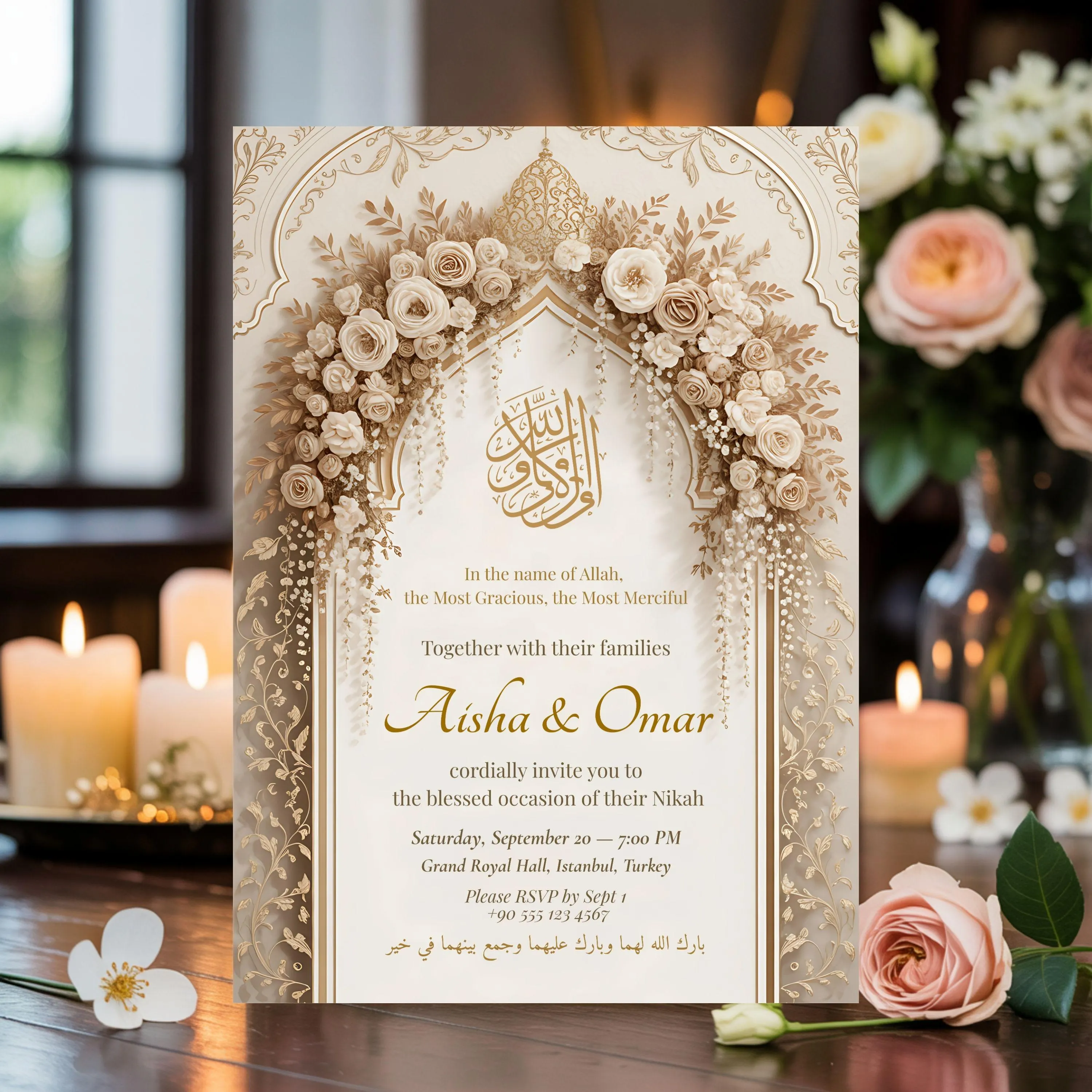 Romantic Islamic wedding card with floral arch, Arabic Bismillah, and warm candlelight setting, perfect for Nikah and Walima invites.