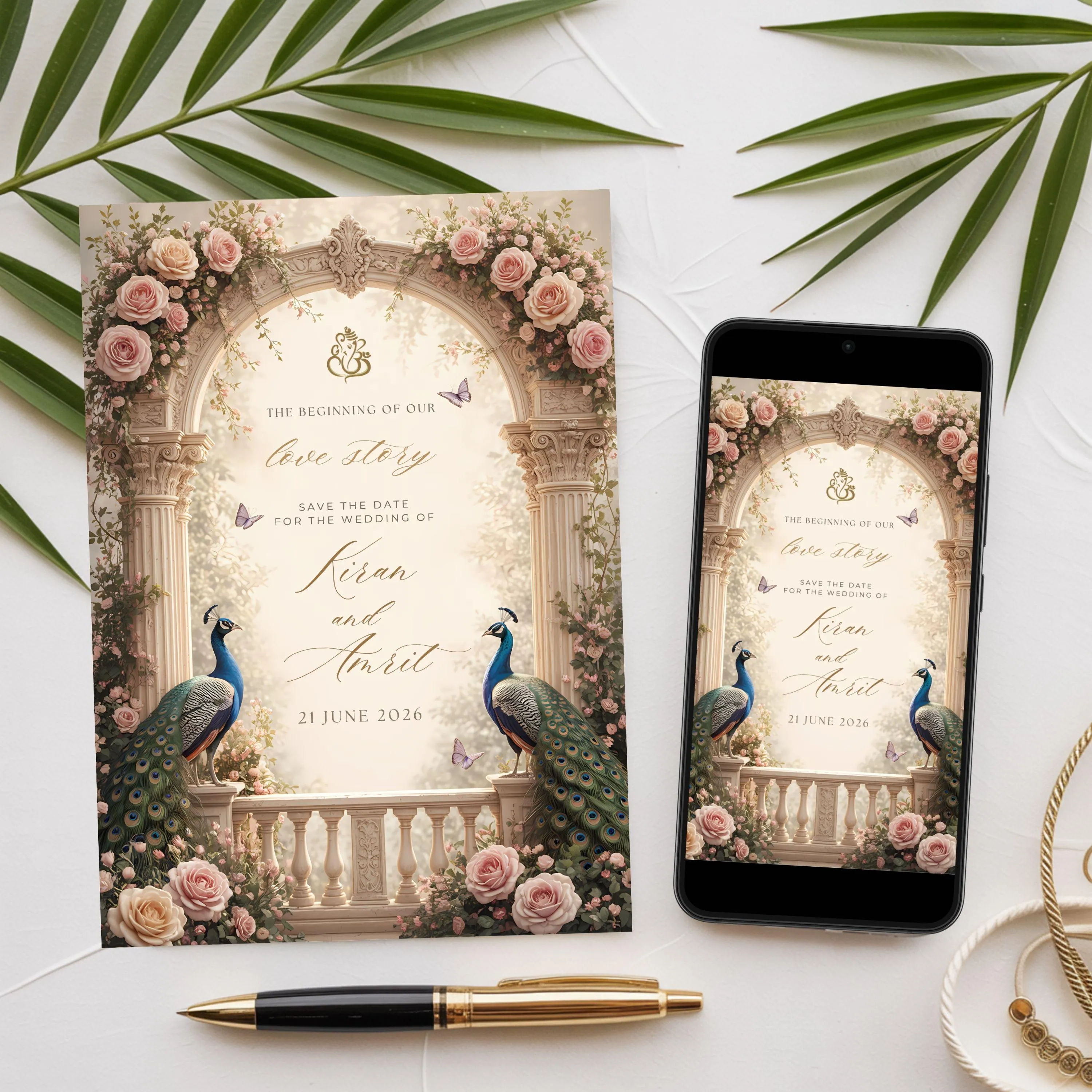 Editable peacock wedding invitation Canva template shown on phone and printed card with romantic floral arch and luxury Indian wedding style.
