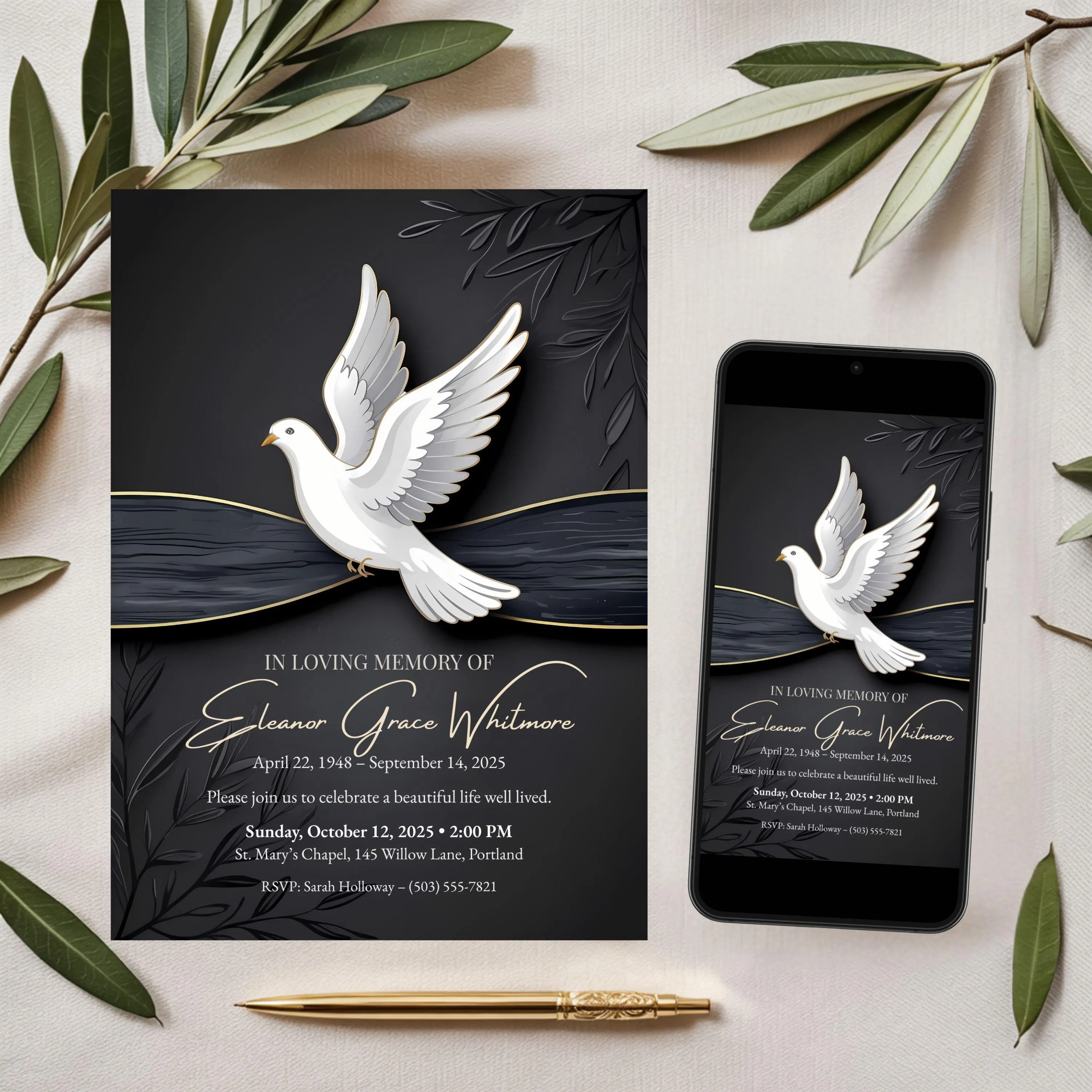 Elegant black and gold memorial invitation card with white dove illustration, displayed beside olive branches and smartphone version.