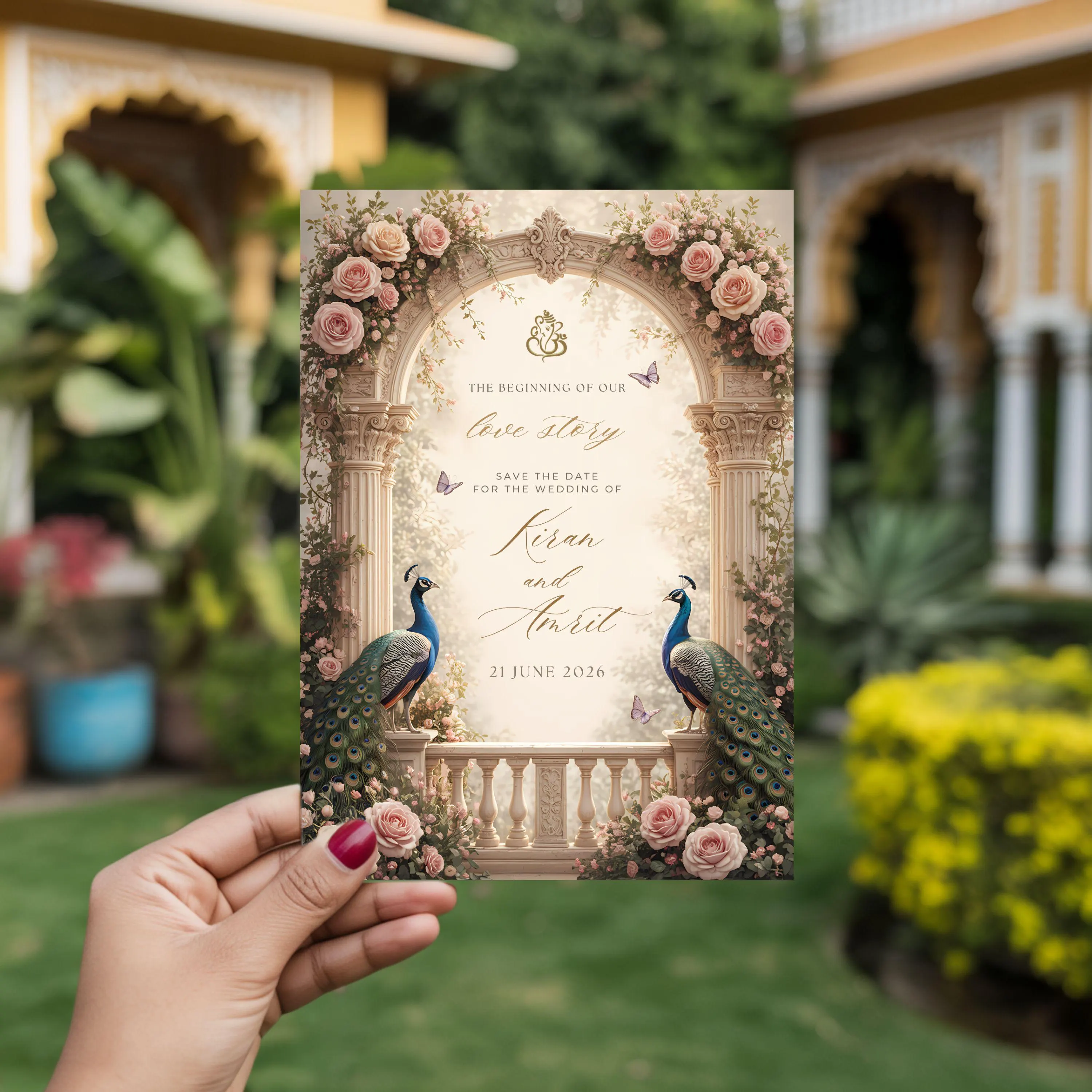 Romantic peacock wedding invite held outdoors featuring floral ivory arch, elegant script typography, and luxury South Asian wedding aesthetic.