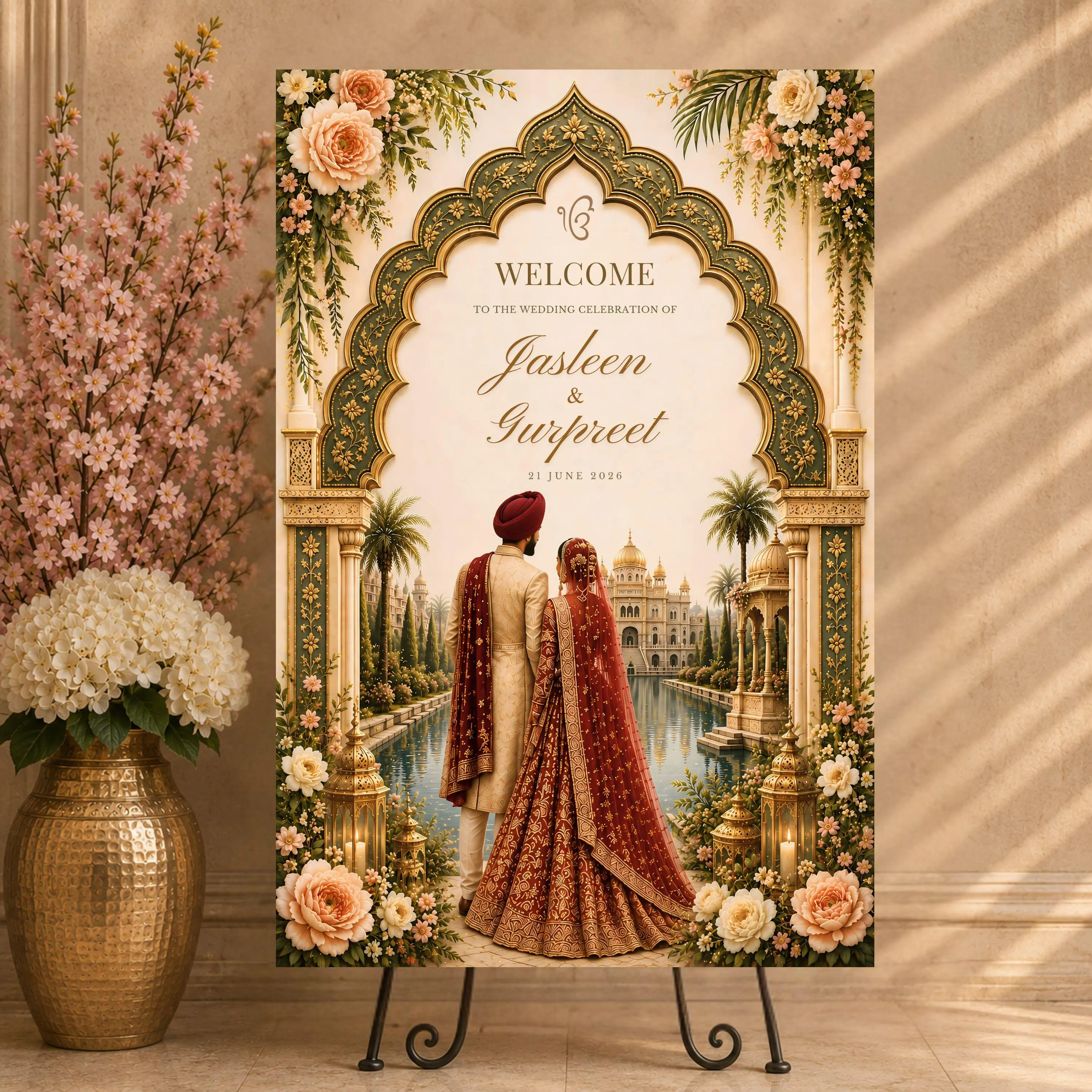Editable Indian wedding welcome sign with ornate gold arch and floral artwork displayed on decorative easel in elegant indoor venue.