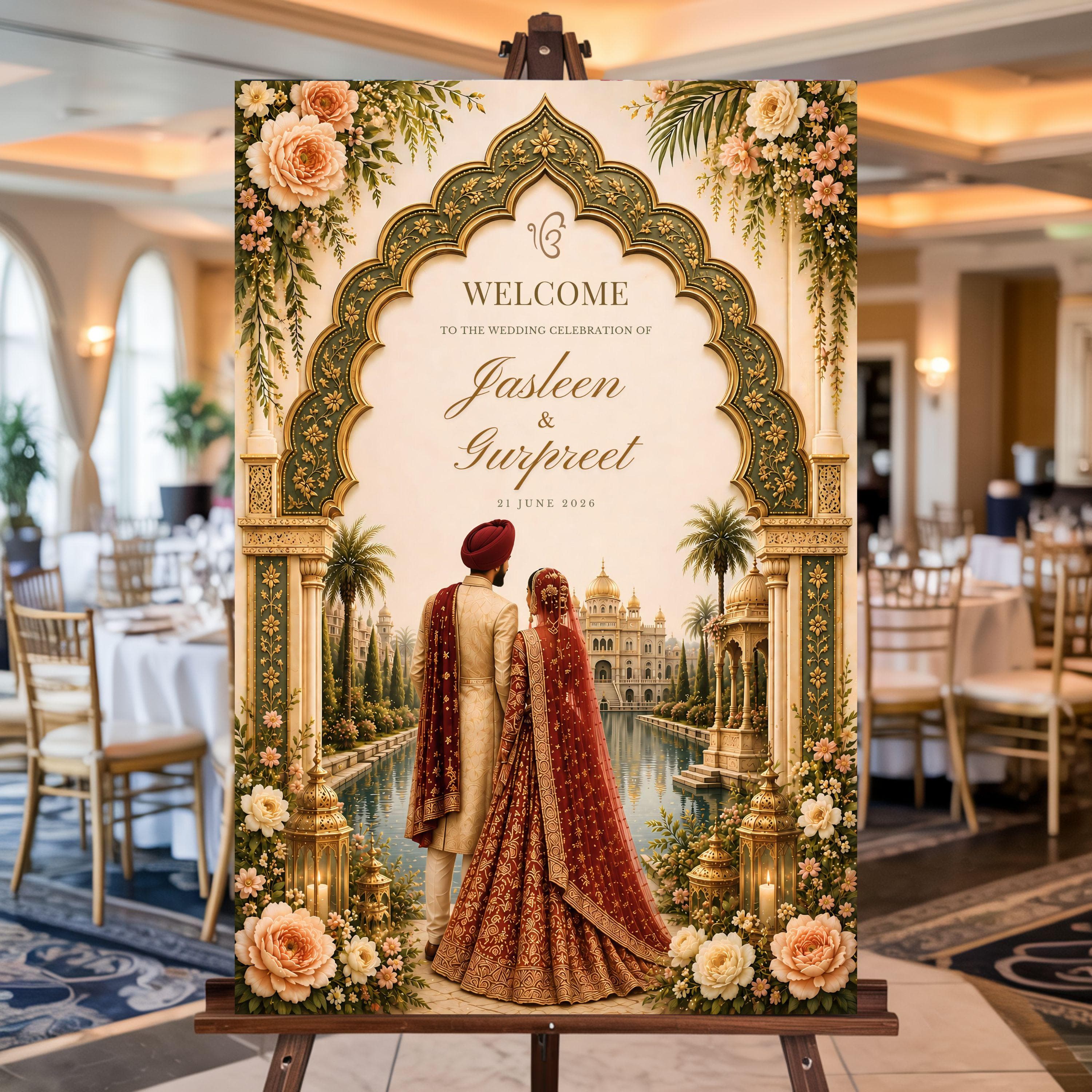 Elegant South Asian wedding welcome sign featuring ornate floral Mughal arch artwork displayed in upscale banquet hall reception venue.