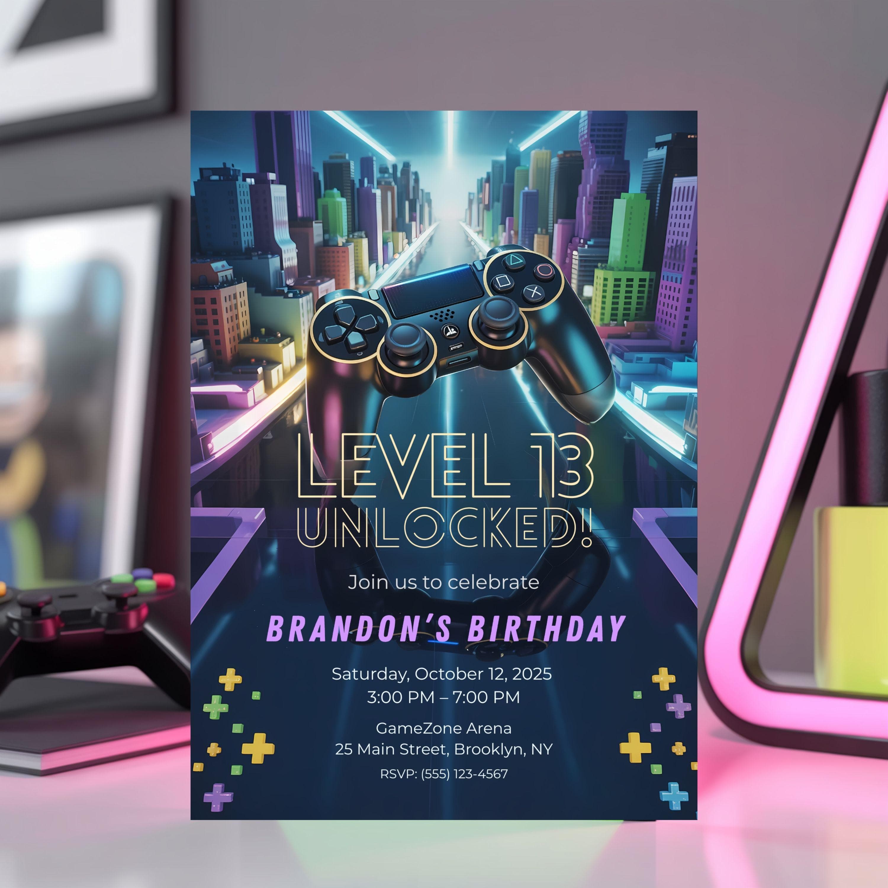 Gaming birthday invitation “Level Unlocked” in a modern interior with soft neon lighting and gaming decor.