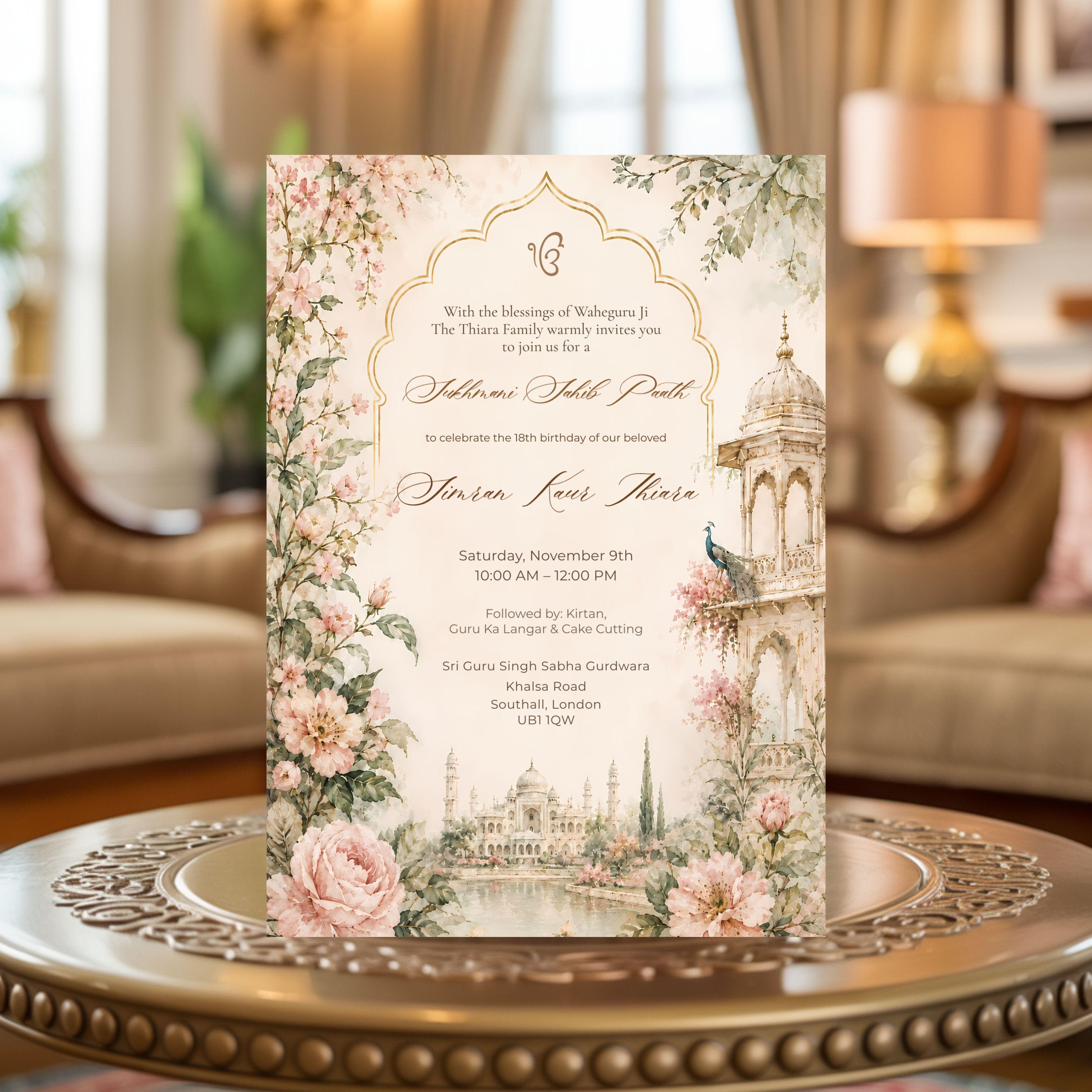 Punjabi Sukhmani Sahib invitation template displayed on an elegant decorative table with floral watercolor design and Mughal-inspired architecture.