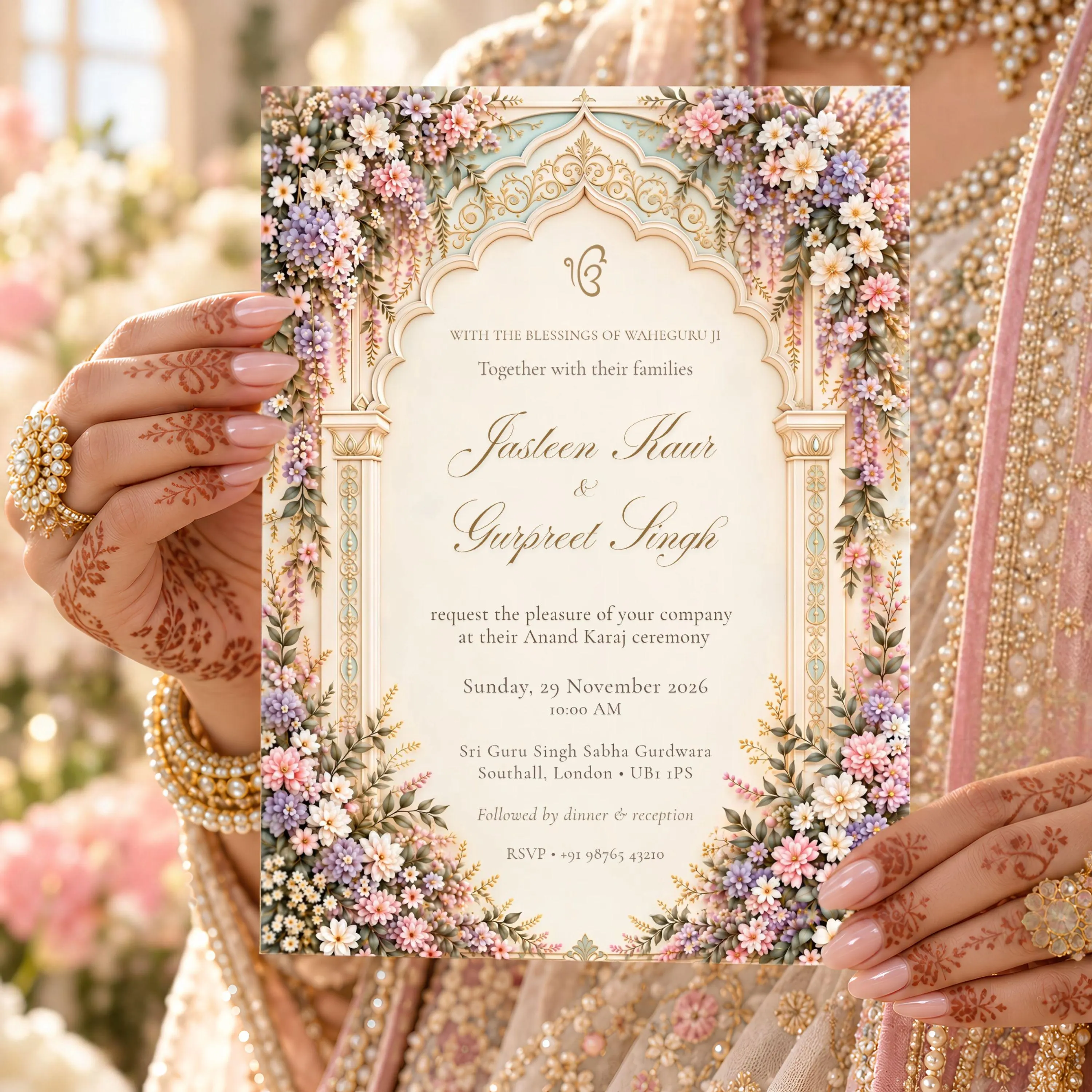 Luxury Punjabi Sikh wedding invitation held by a bride with traditional mehndi designs and gold jewelry, featuring an elegant floral palace arch in ivory, champagne gold, pink and lavender.