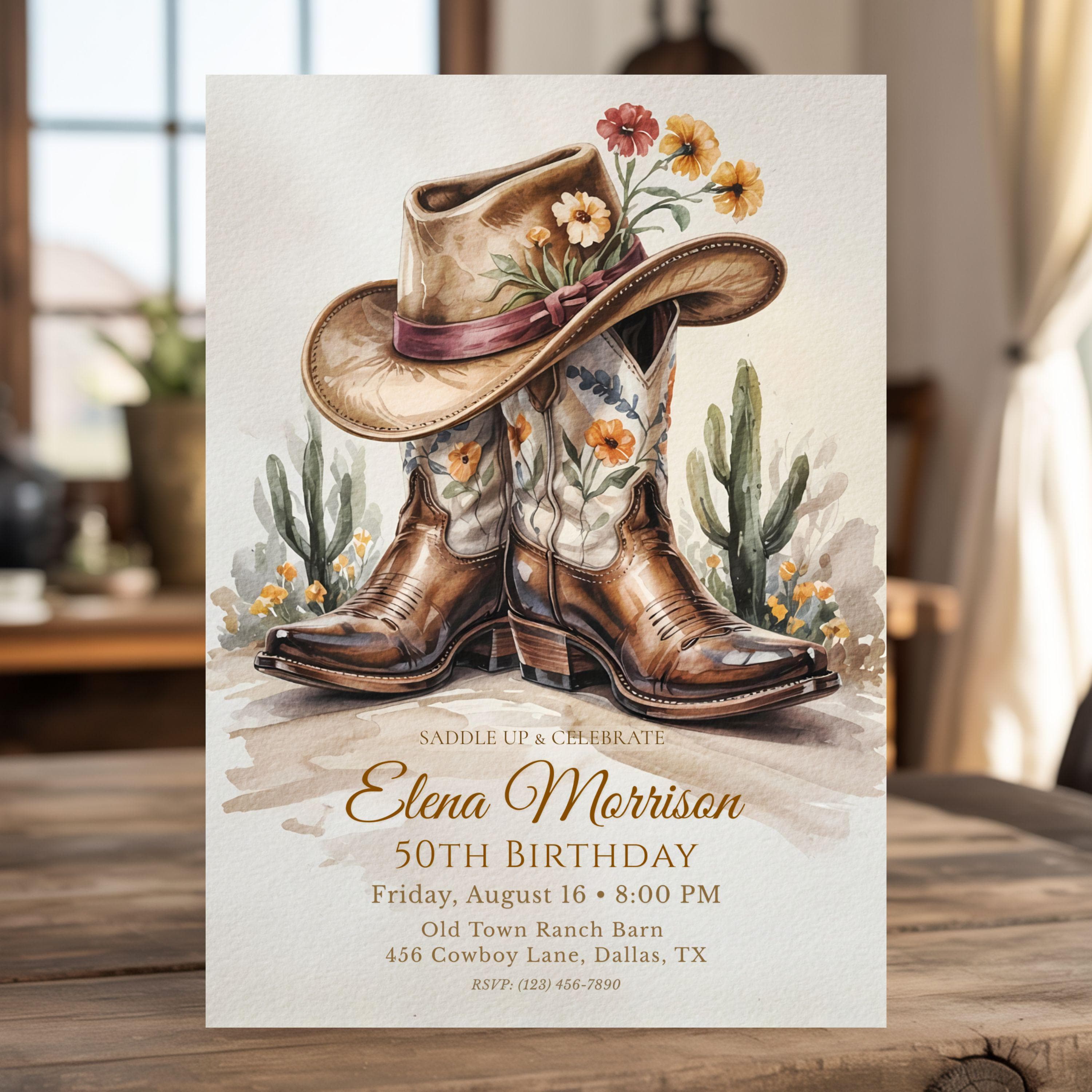 Rustic western milestone birthday invitation with editable age and cowboy party theme.