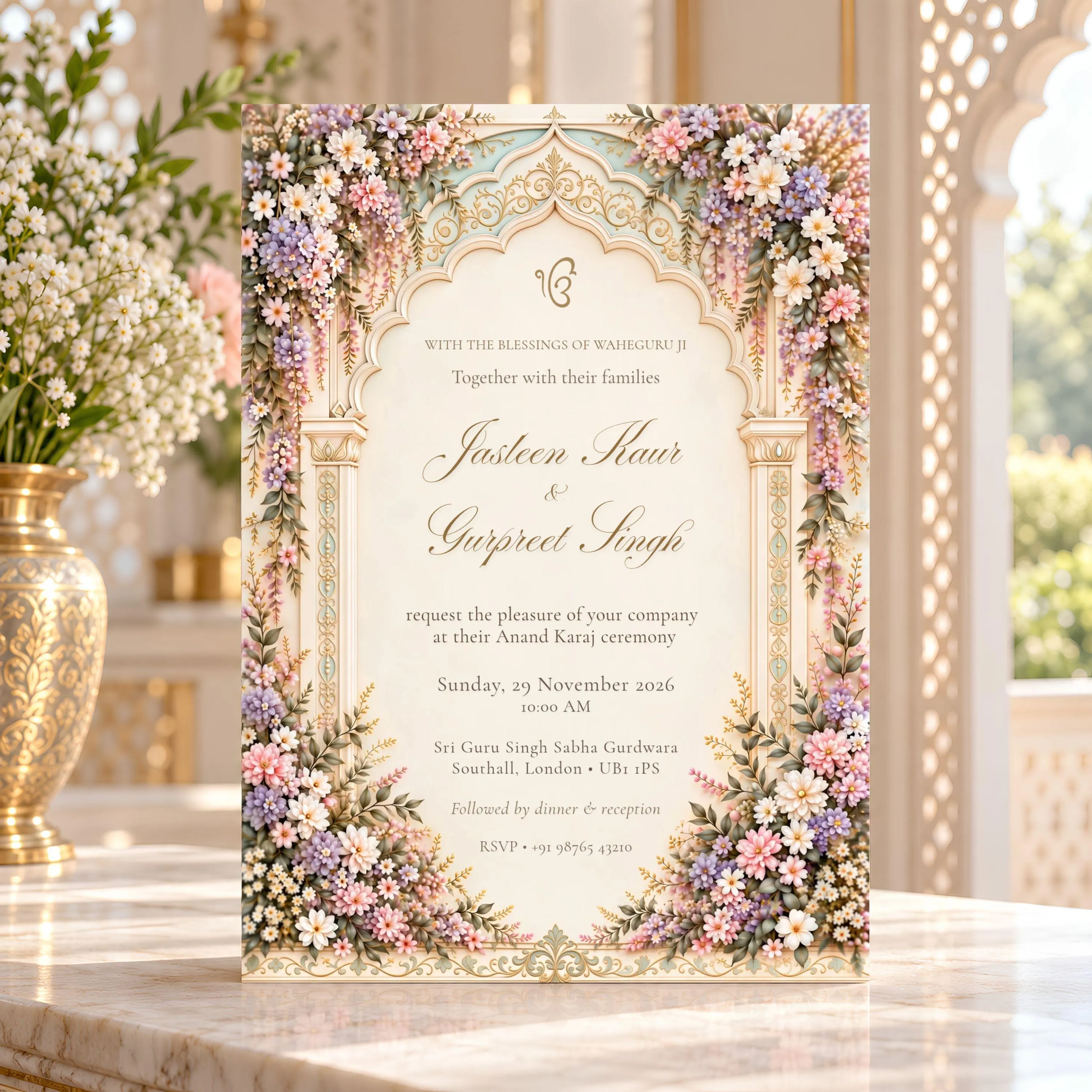 Royal Anand Karaj wedding invitation featuring delicate pastel floral arrangements, ornate champagne gold columns and traditional Sikh symbolism, displayed in a bright palace-inspired interior.