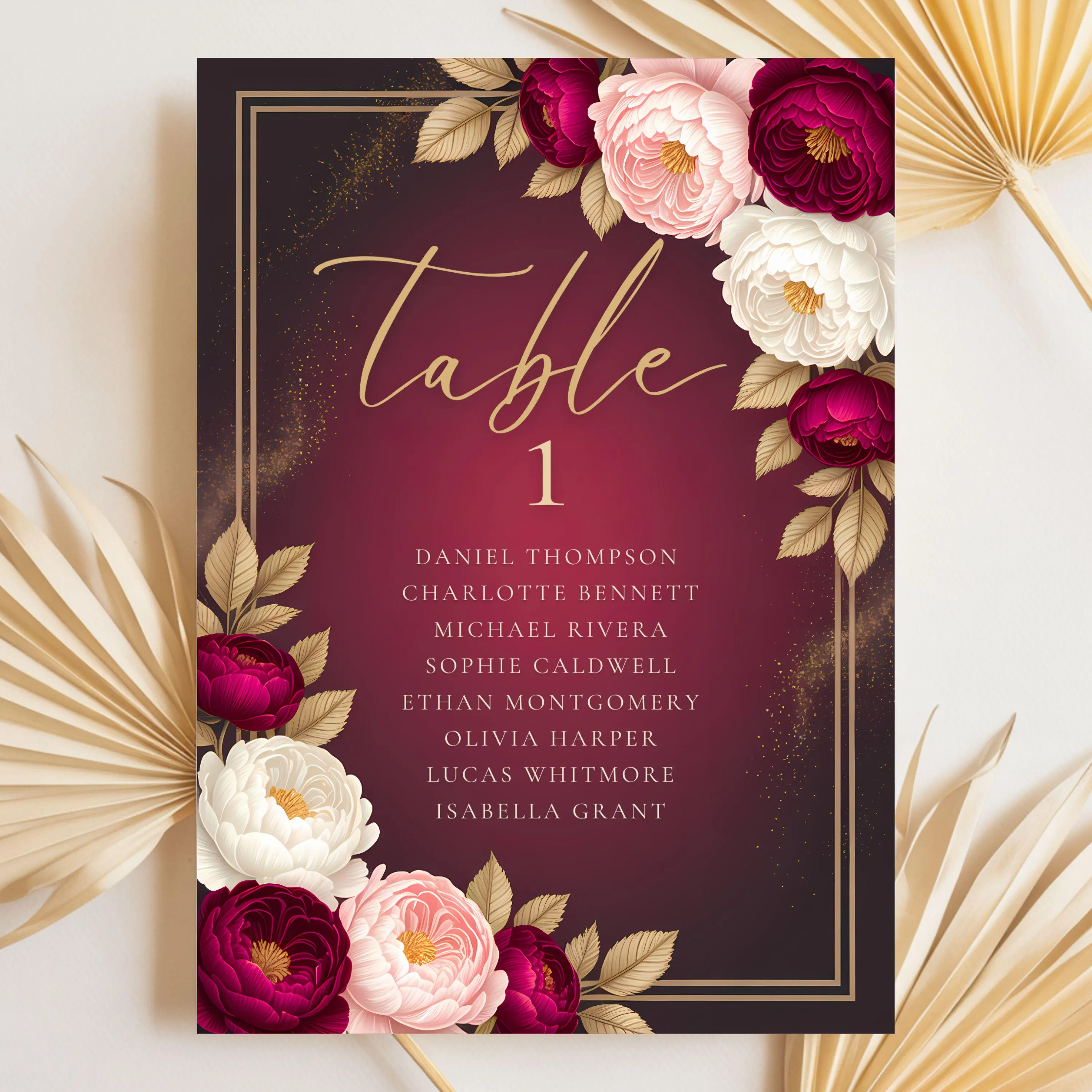 Burgundy and gold floral seating chart template, 5x7 vertical design with peonies and elegant gold frame on neutral background.