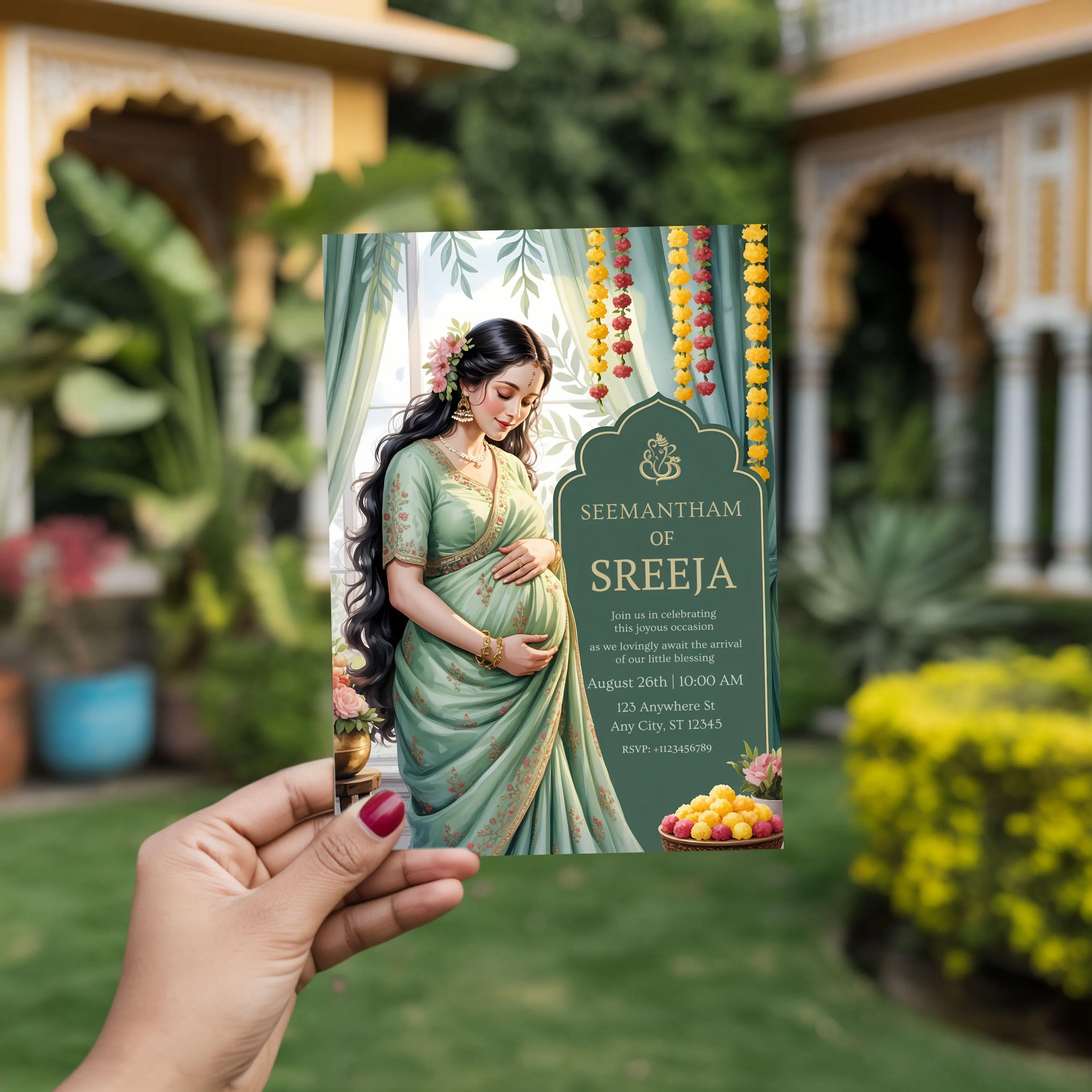 Handheld Seemantham invitation card shown outdoors in an Indian courtyard setting with greenery and arches