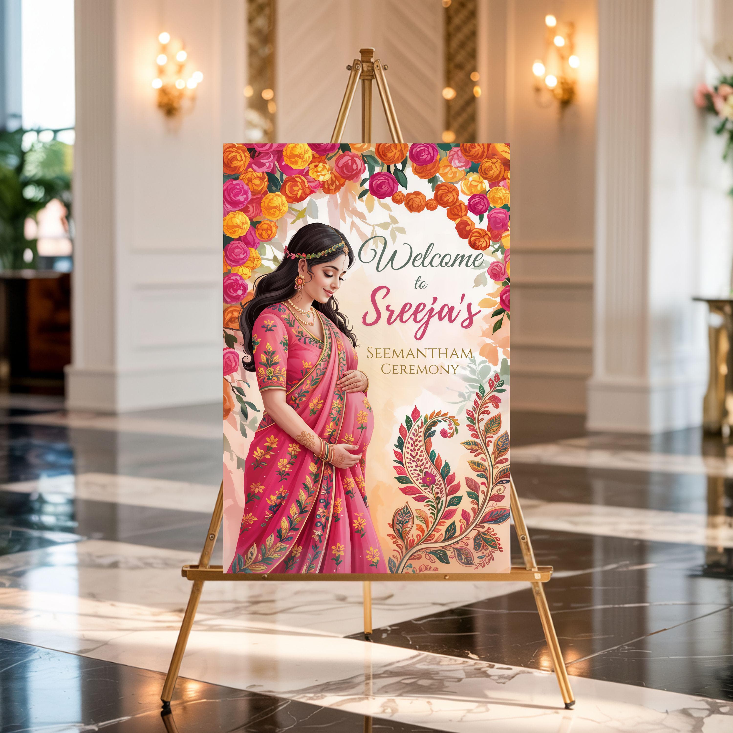 Luxury Seemantham welcome board on gold easel in classic interior, Indian baby shower ceremony floral sign