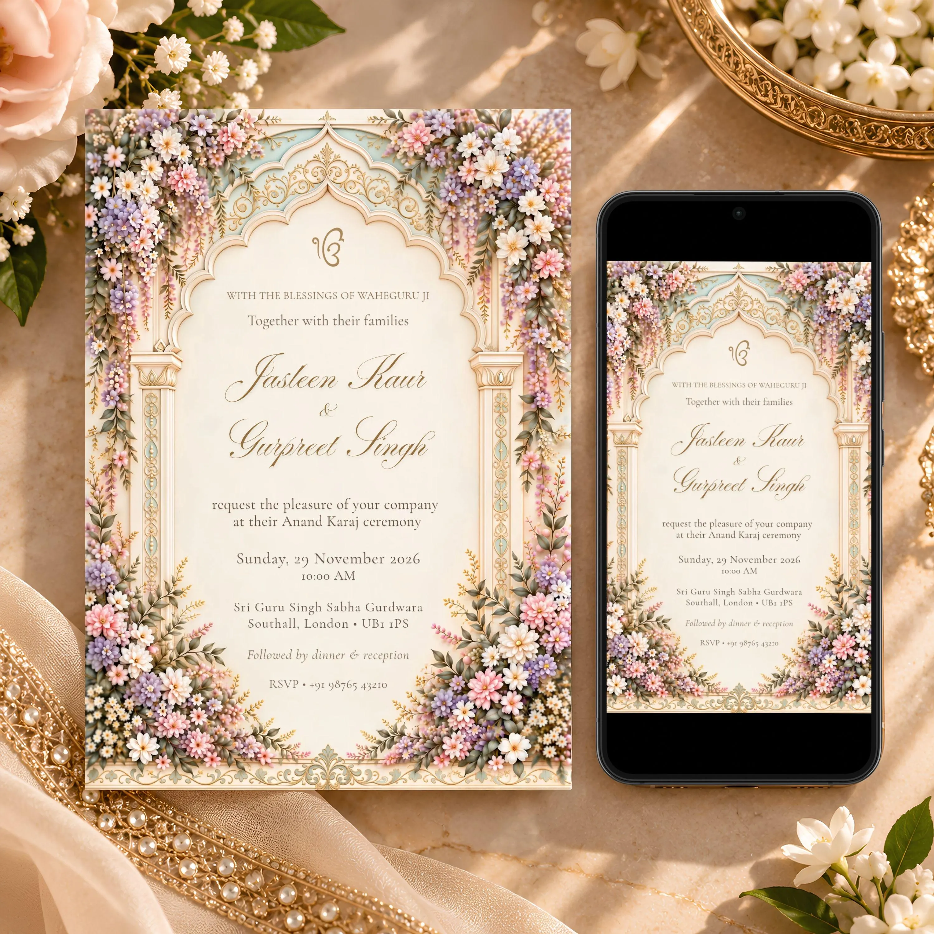 Luxury Sikh Anand Karaj wedding invitation displayed as a printed 5x7 inch card alongside a smartphone showing the same floral design, featuring an ornate champagne gold arch, pastel pink and lavender flowers, and elegant calligraphy on a warm beige background.