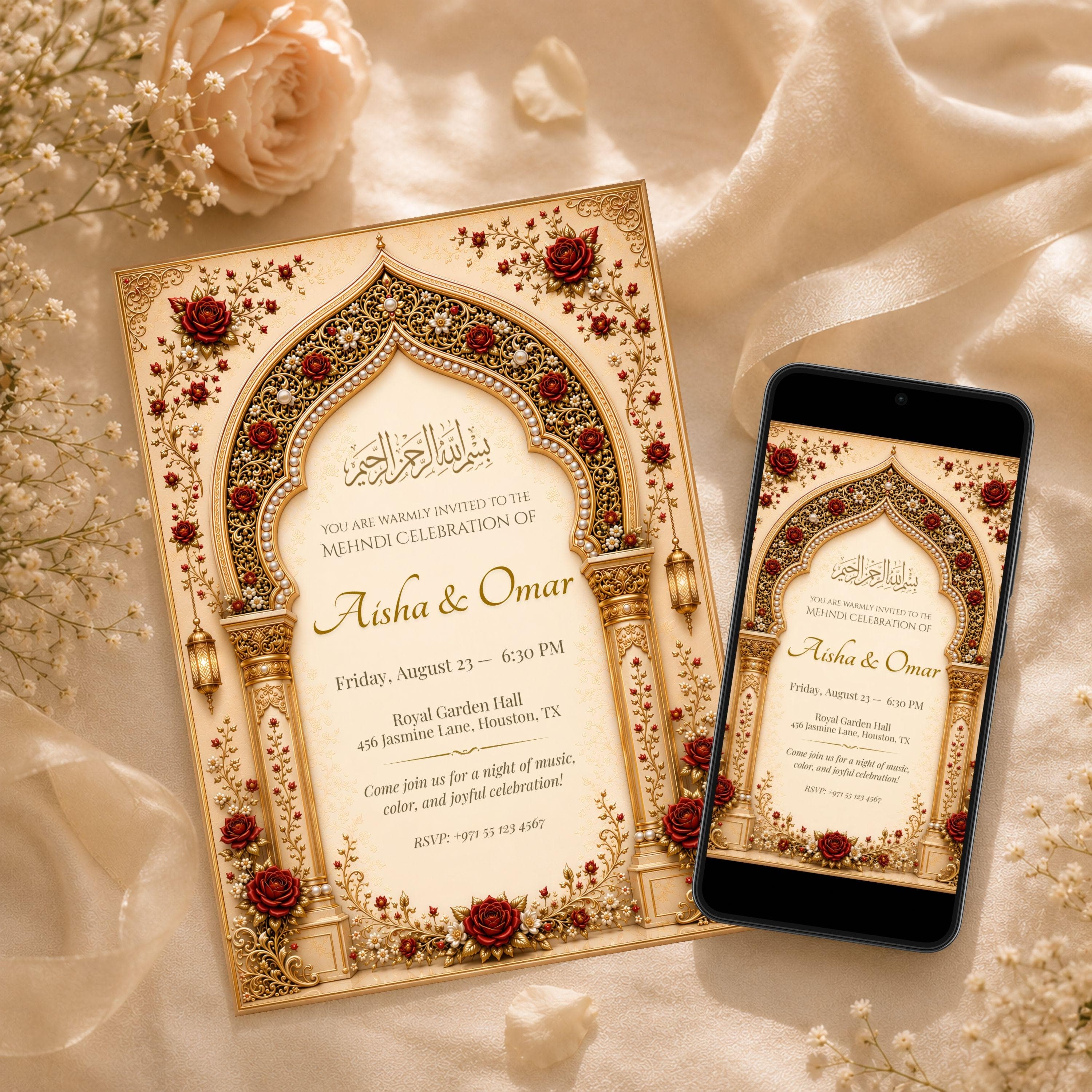 Editable Canva Mehndi invitation template shown in print and mobile format for digital sharing and printing.