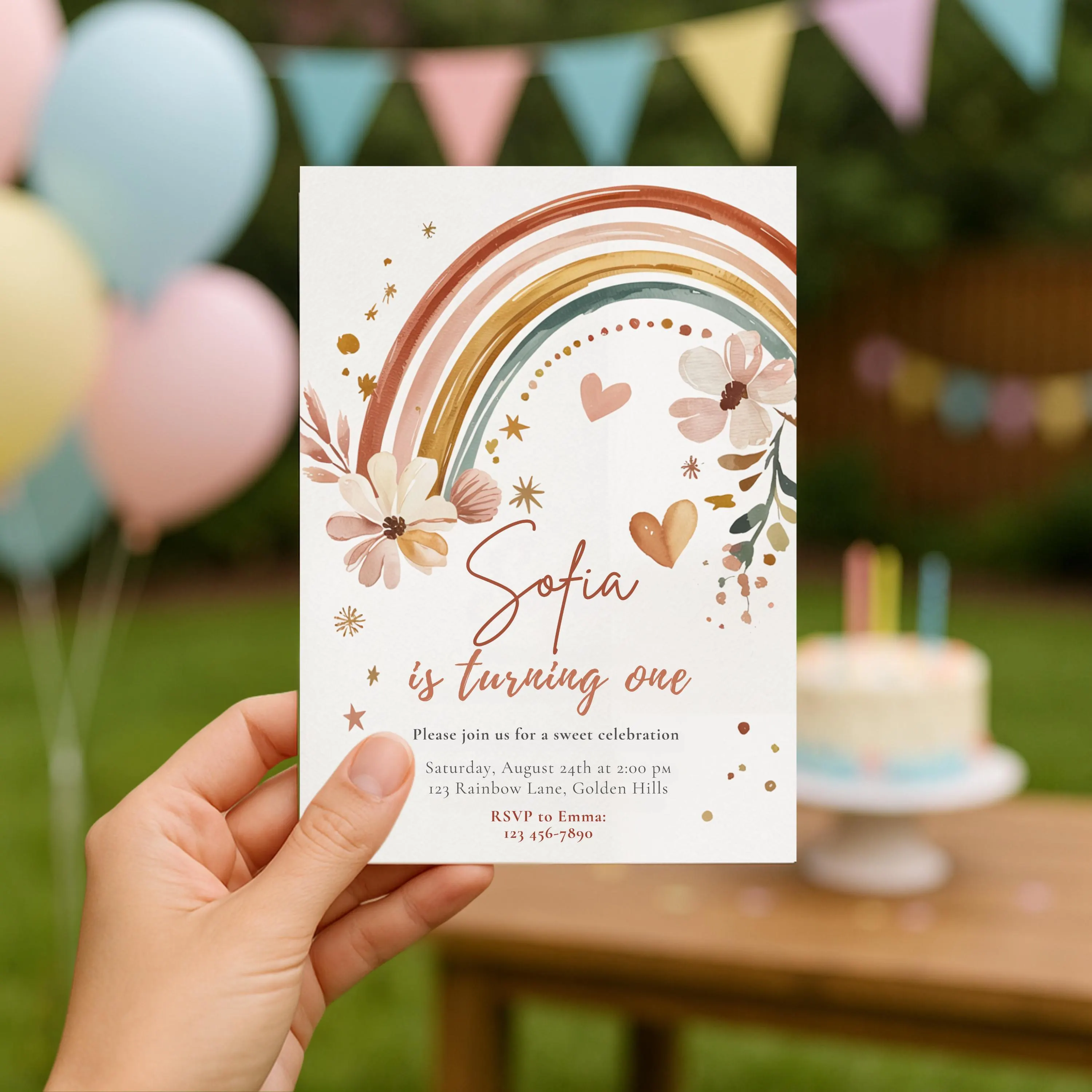 Outdoor scene with hand holding boho rainbow invitation and birthday cake with candles.