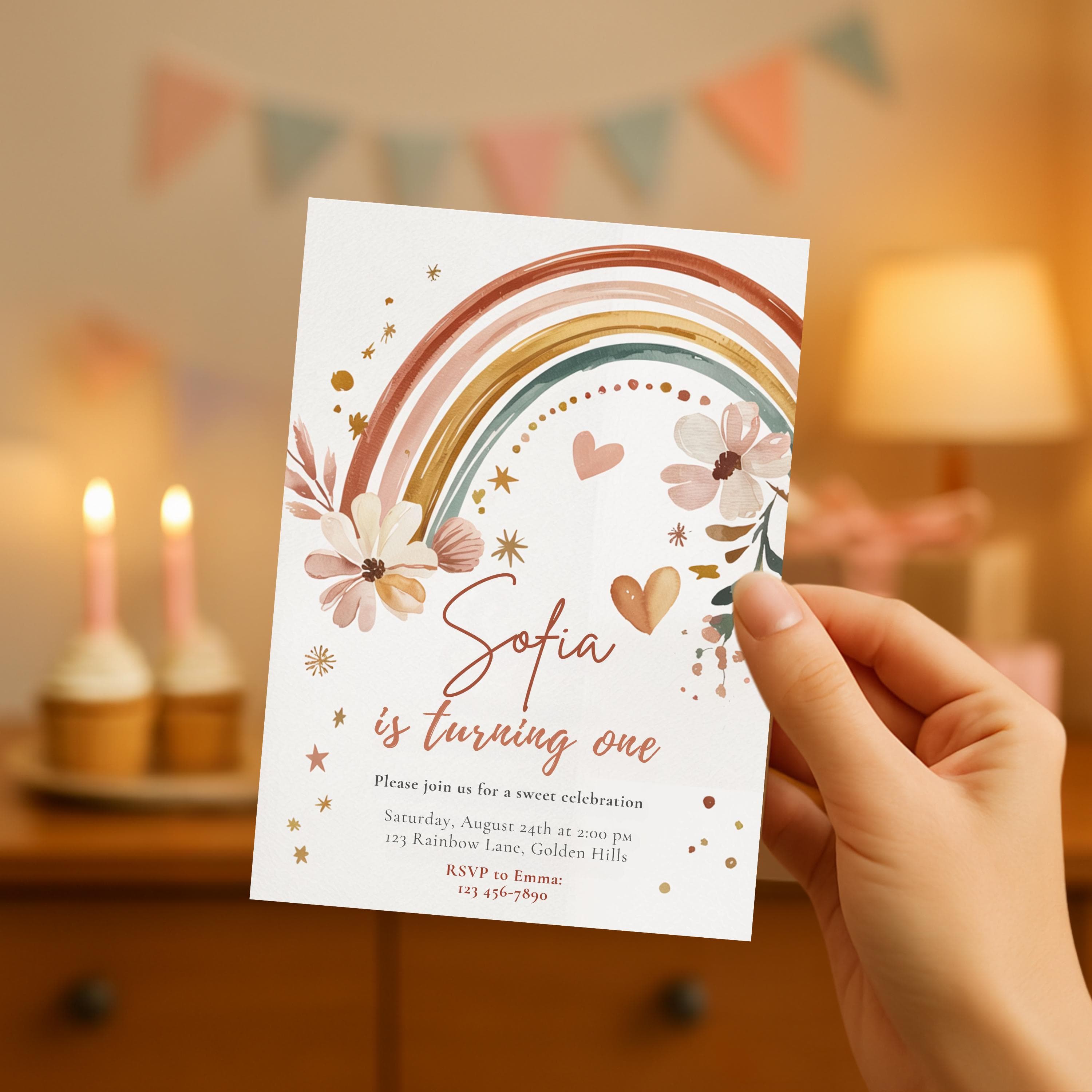Hand holding boho rainbow first birthday invitation card with cupcakes and garland in background.