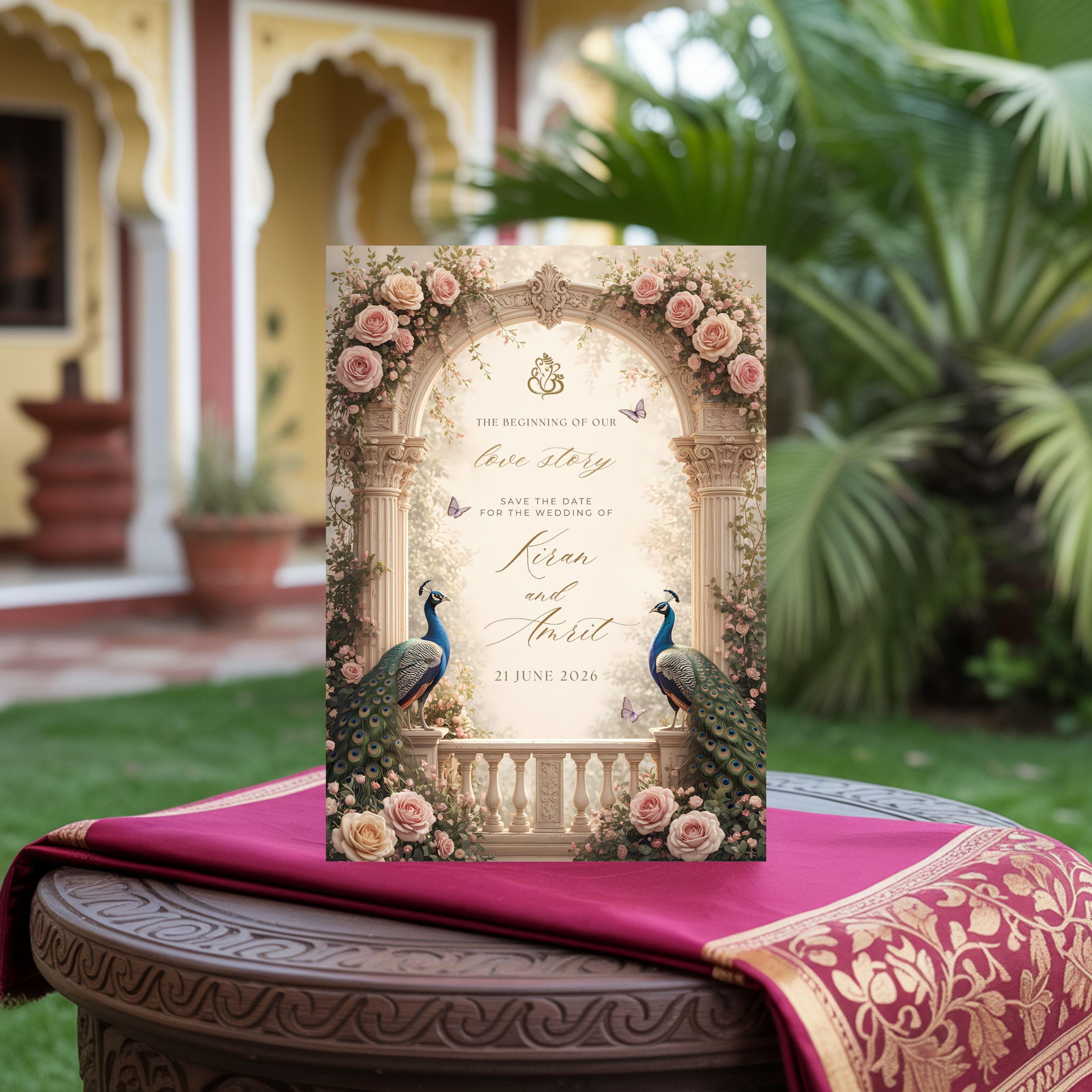Luxury Indian wedding save the date invitation with peacock artwork, ornate floral arch, blush roses, and romantic palace-inspired aesthetic.