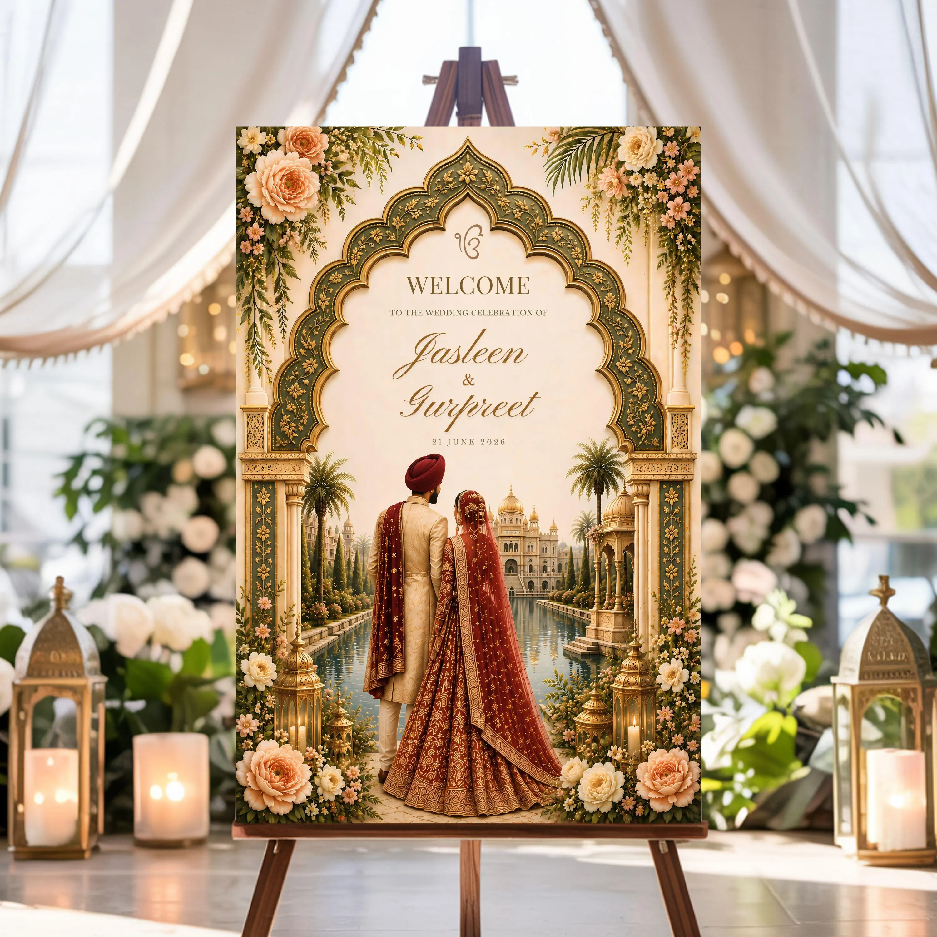 Luxury Indian wedding welcome sign mockup with Mughal arch design displayed on easel inside elegant floral wedding venue with candles and soft draped fabric.