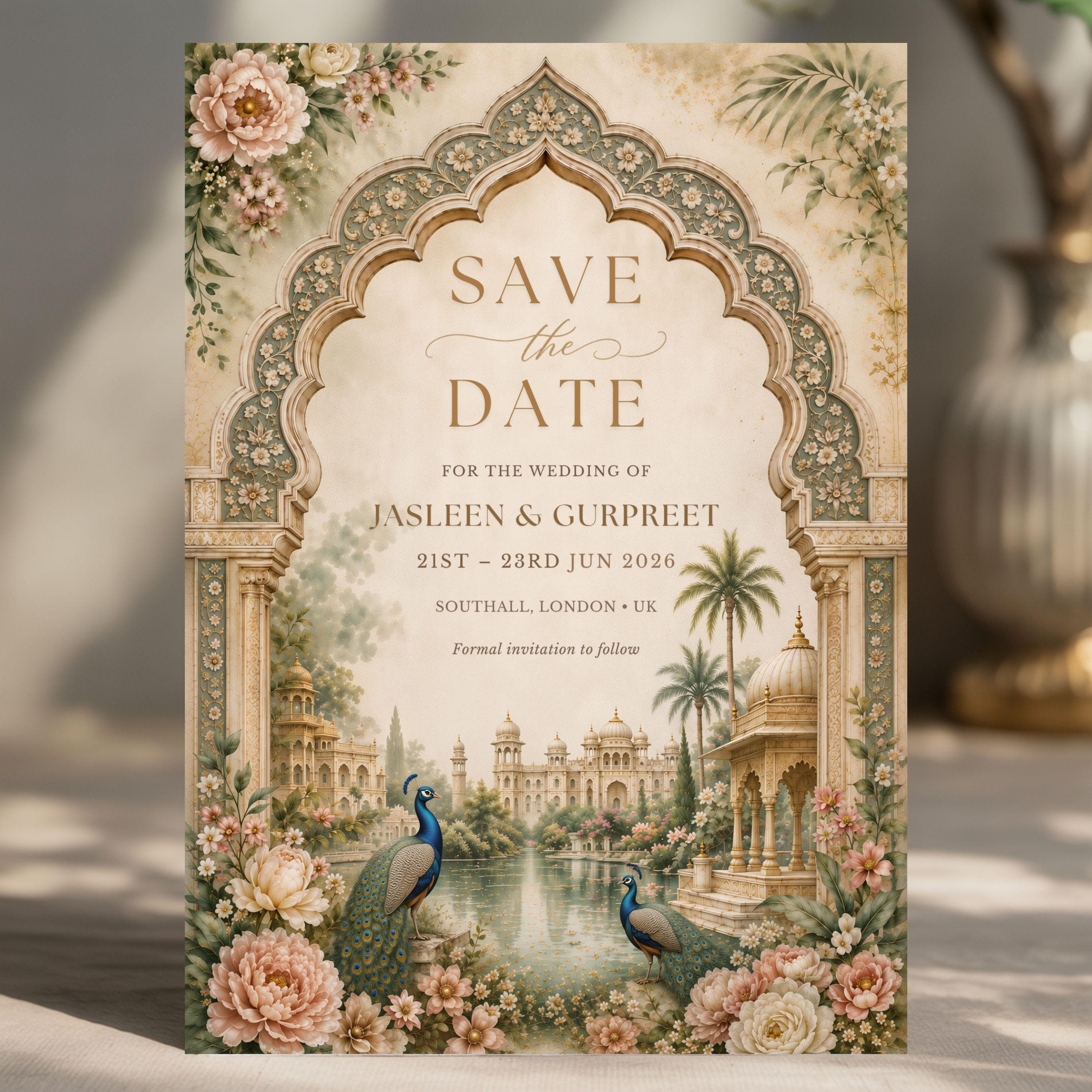 Elegant Sikh save the date template with palace garden illustration, peacocks, and refined champagne gold Mughal wedding design.