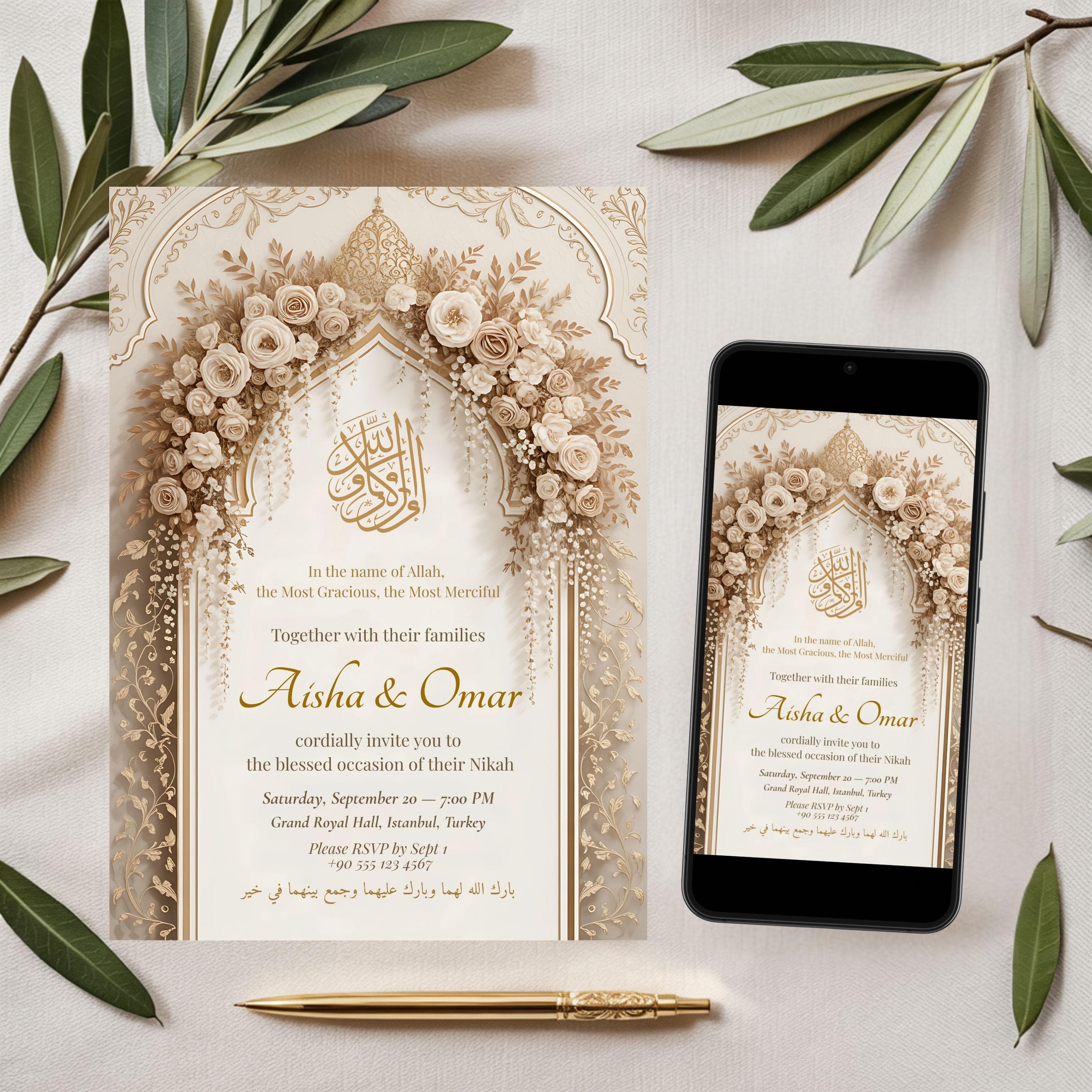 Elegant Islamic wedding invitation with Arabic calligraphy and floral arch, digital Nikah template on paper and phone mockup.