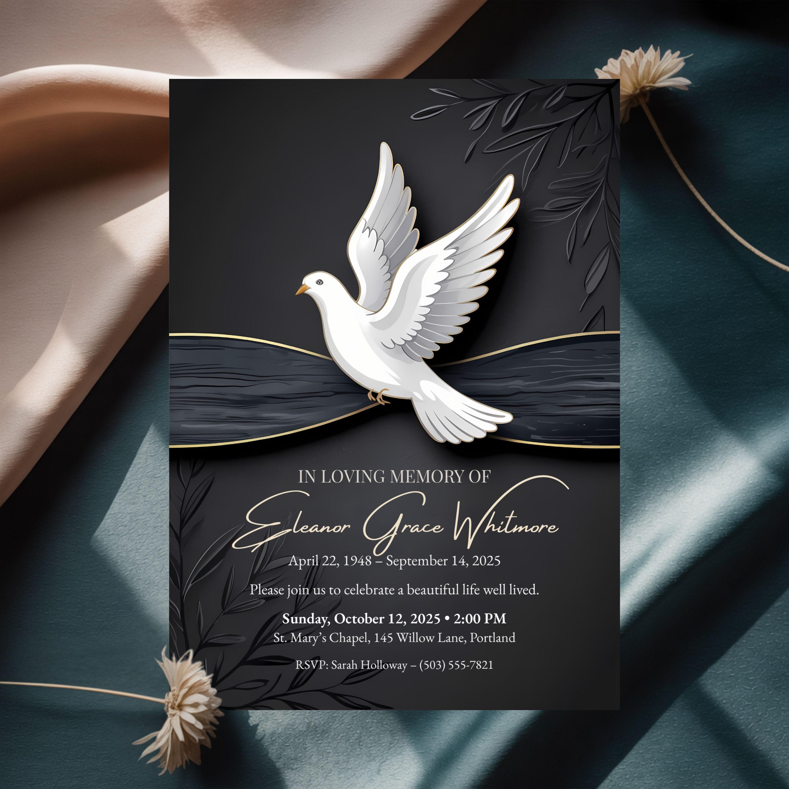 Modern black and gold memorial invitation design with white dove and subtle floral accents under soft light.