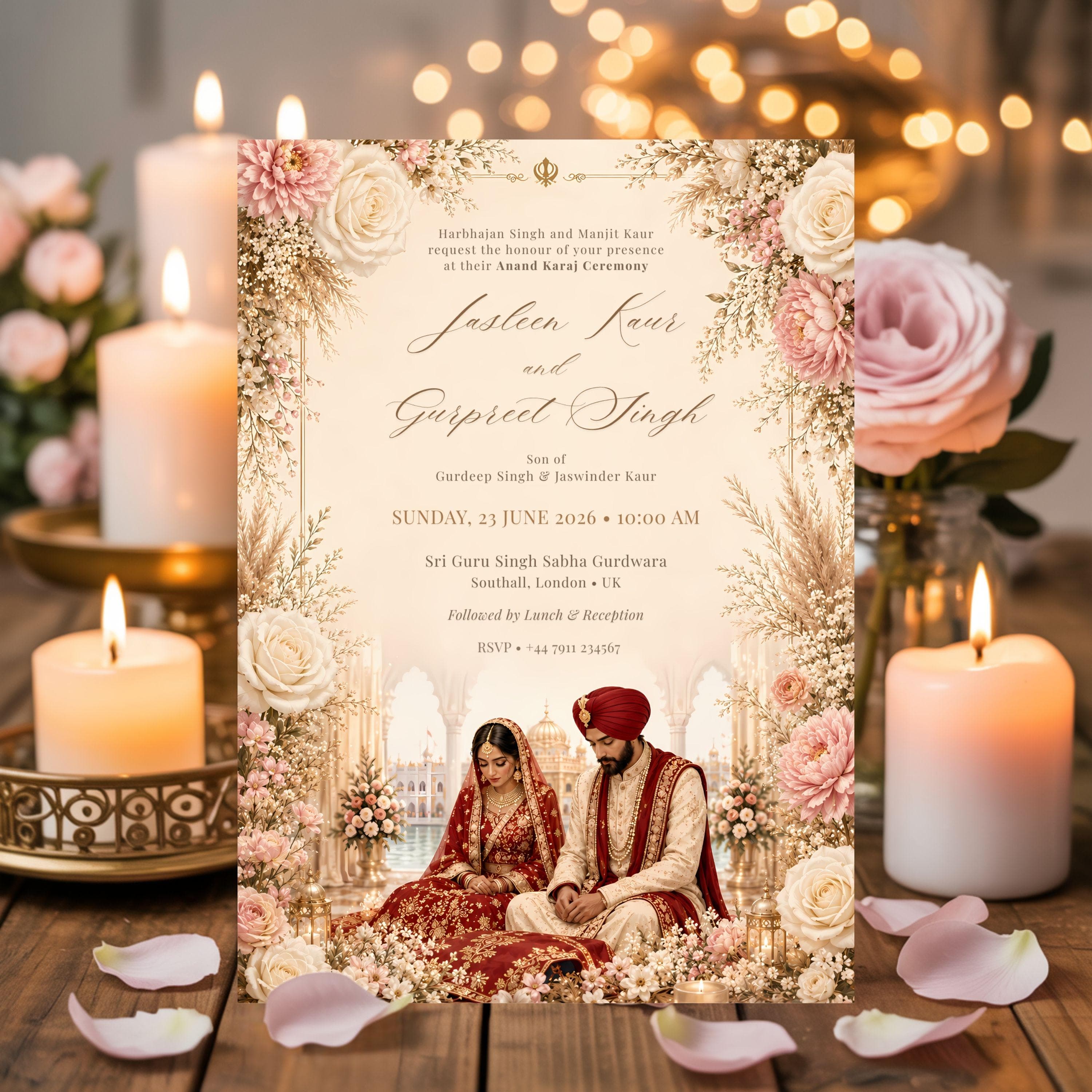 Anand Karaj Sikh wedding invitation card displayed with candles, blush roses and warm romantic lighting.