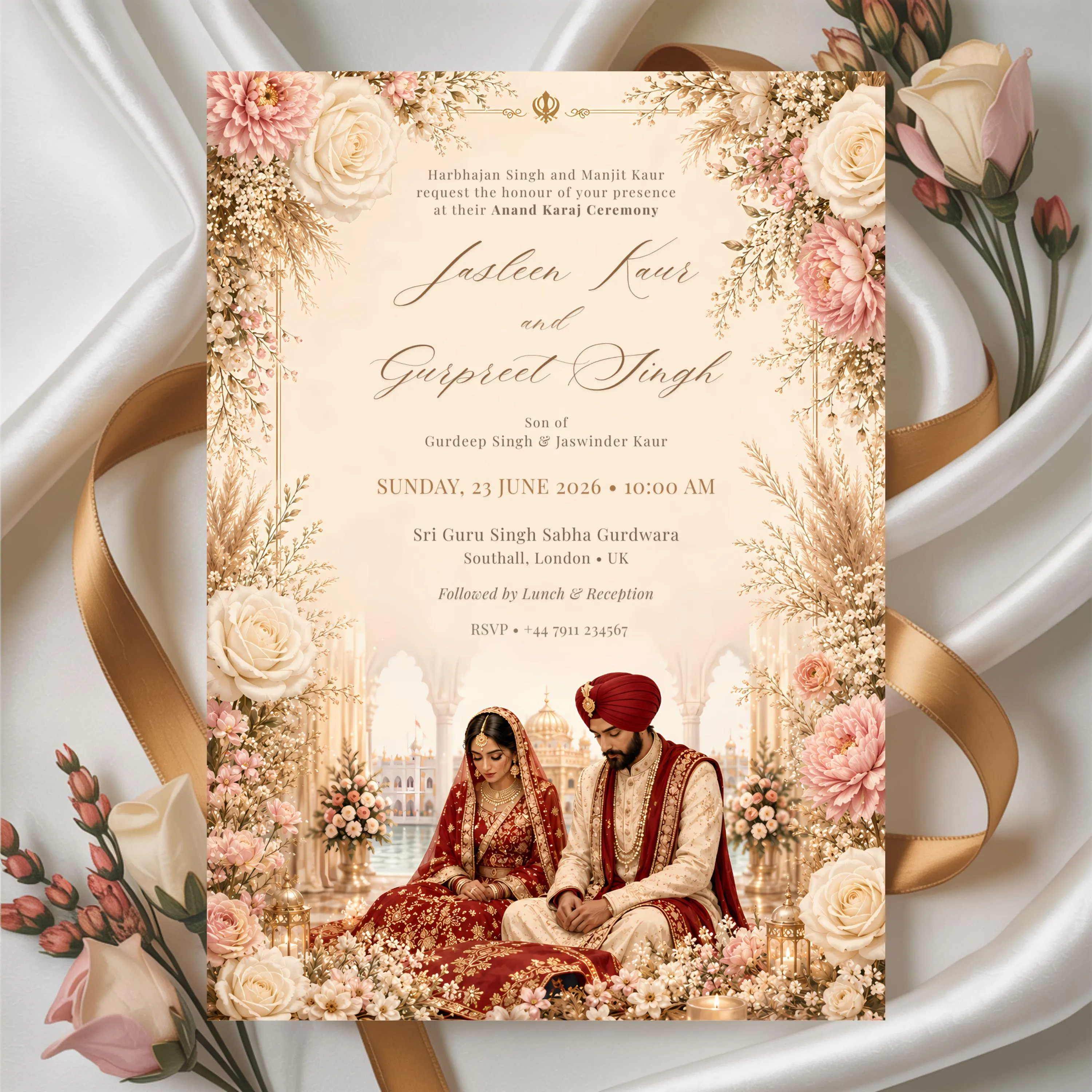 Luxury Anand Karaj wedding invitation with silk ribbon, blush flowers and elegant champagne floral border design.