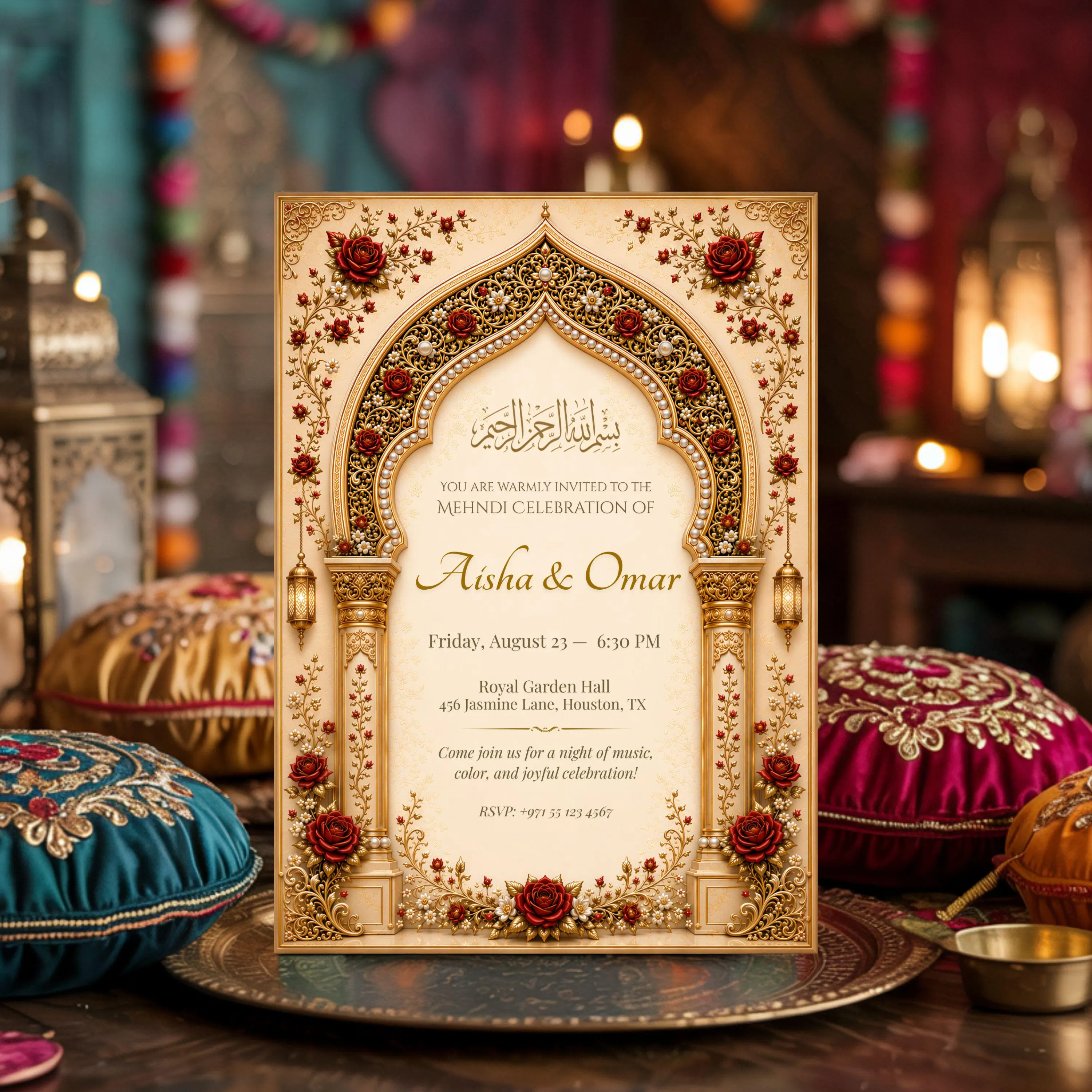 Luxury Mehndi invitation card displayed with colorful traditional cushions and lanterns for a festive celebration setting.
