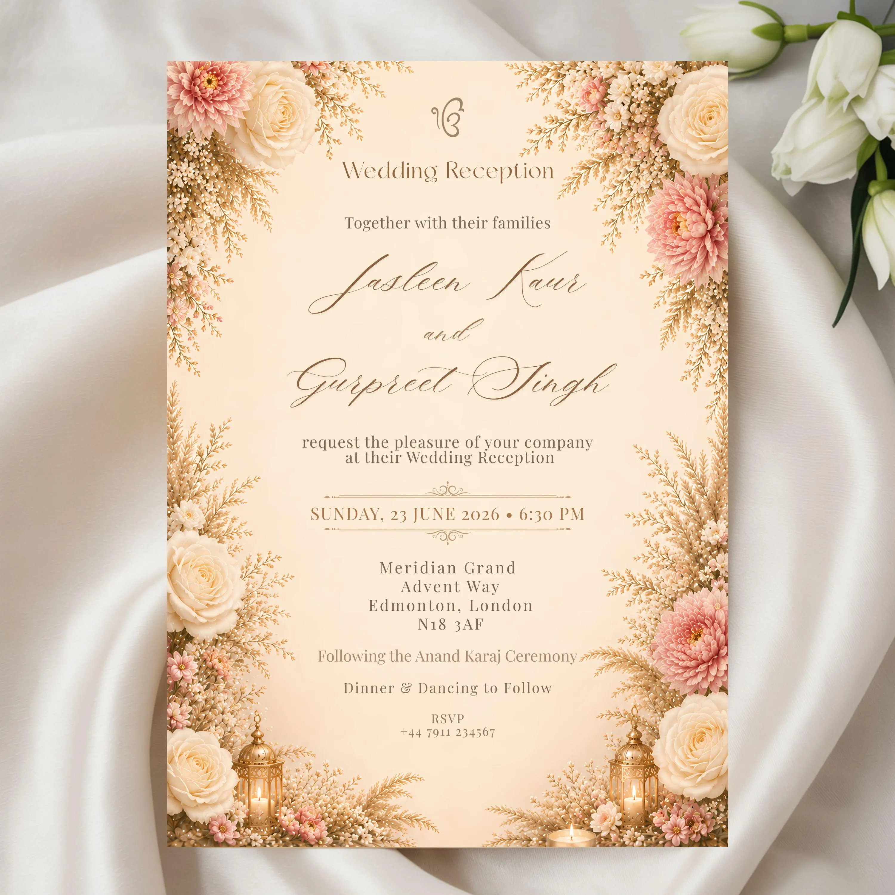 Luxury Sikh wedding reception invitation template with blush florals, champagne beige background, Ik Onkar symbol and elegant typography.