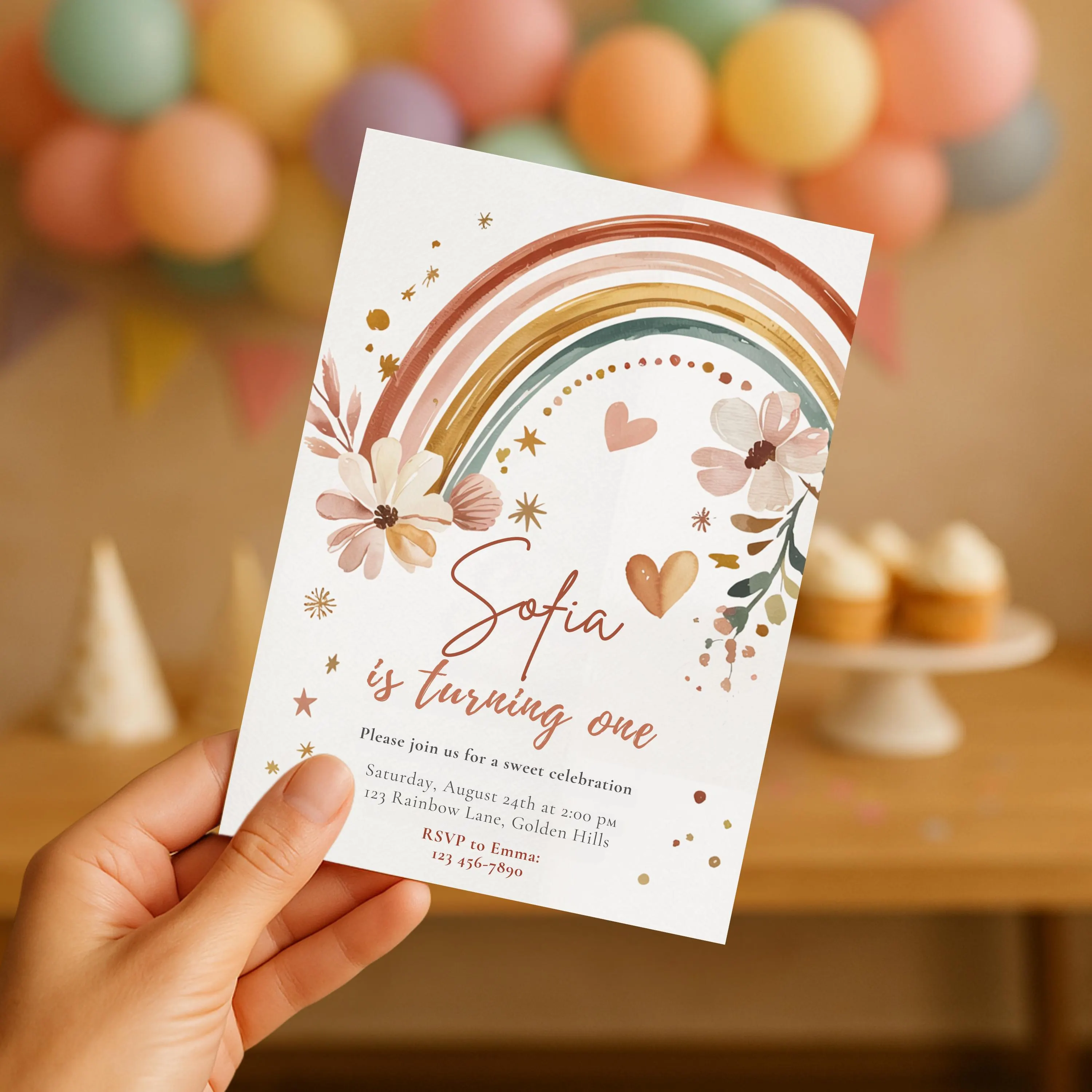 Hand holding first birthday invitation with pastel balloons and party hats in the background.
