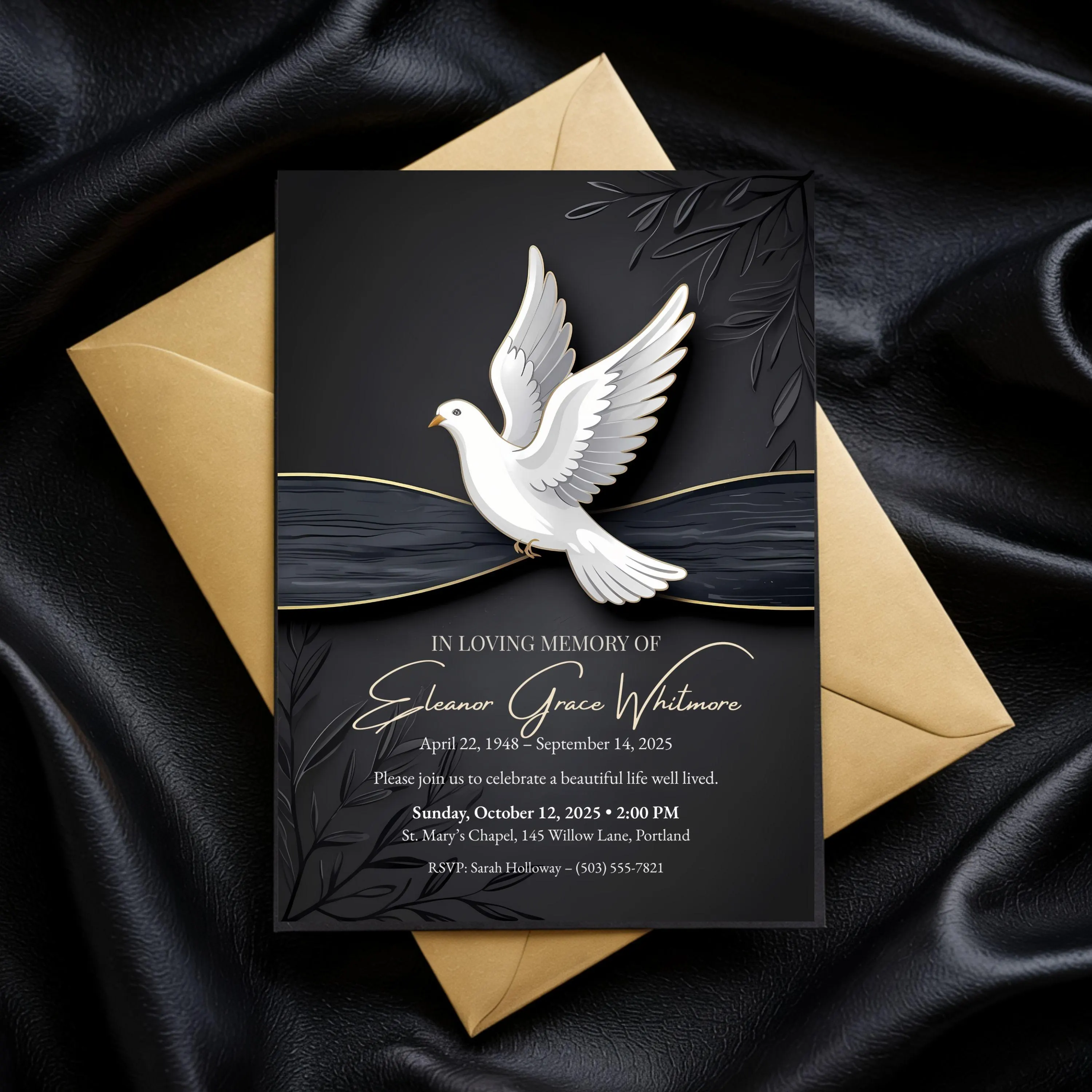 Celebration of life invitation featuring white dove on black background, paired with gold envelope and leather texture.